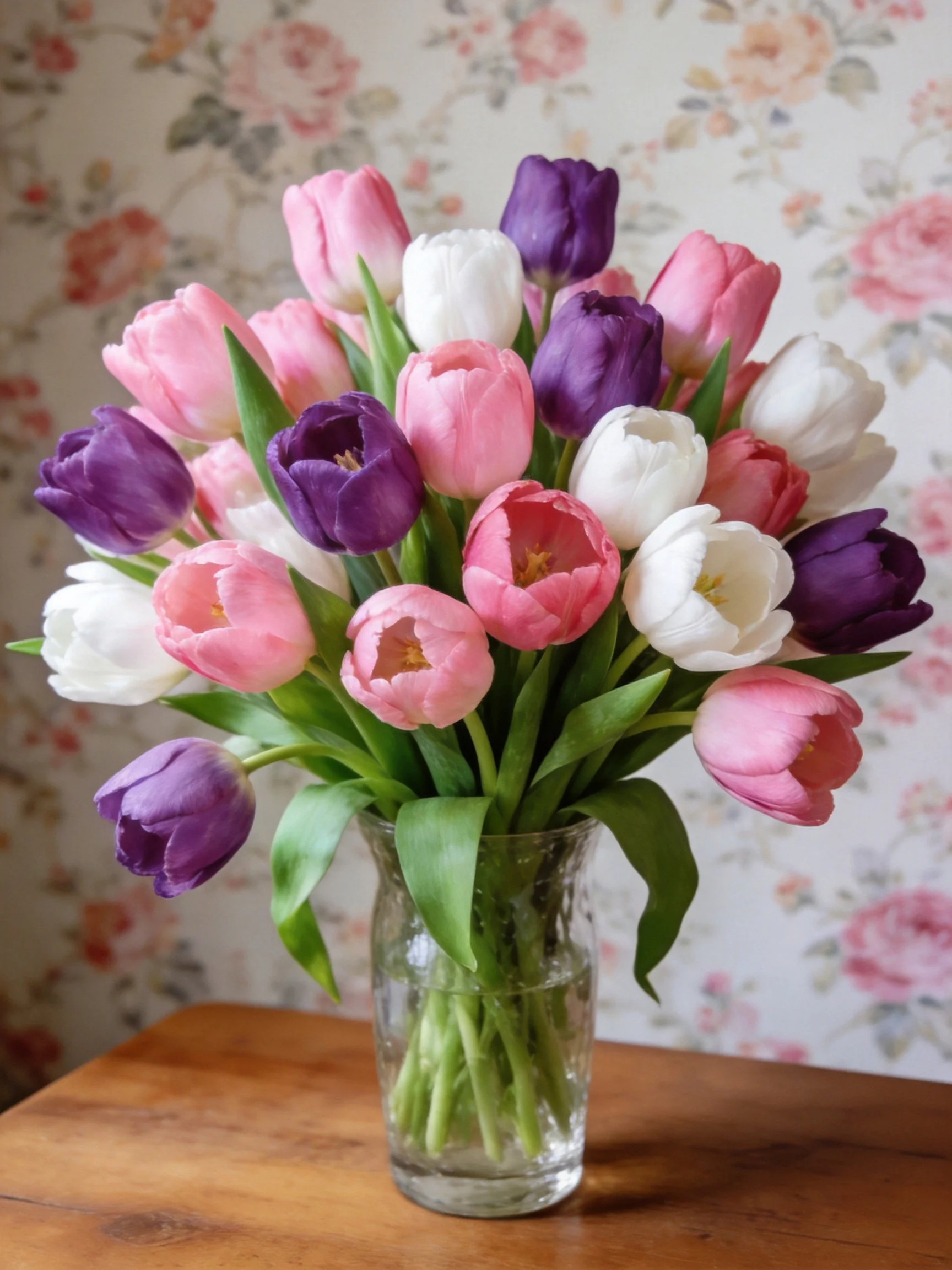 A colorful tulip bouquet in a glass vase sits on a wooden surface with floral wallpaper.