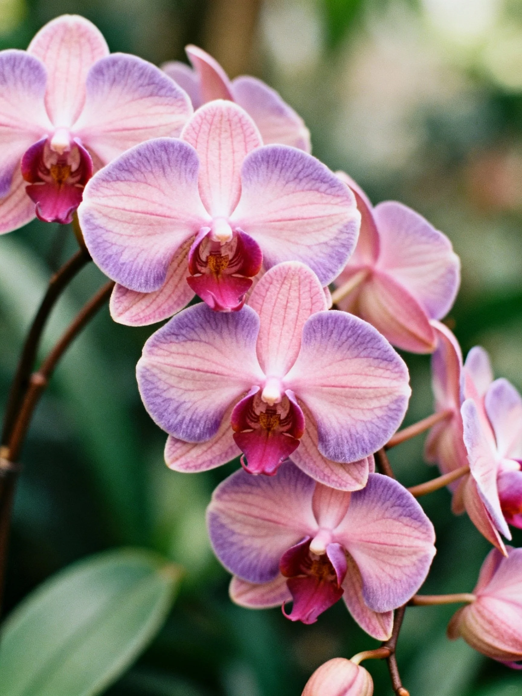 Vibrant Pink and Purple Orchid Cluster with Green Foliage