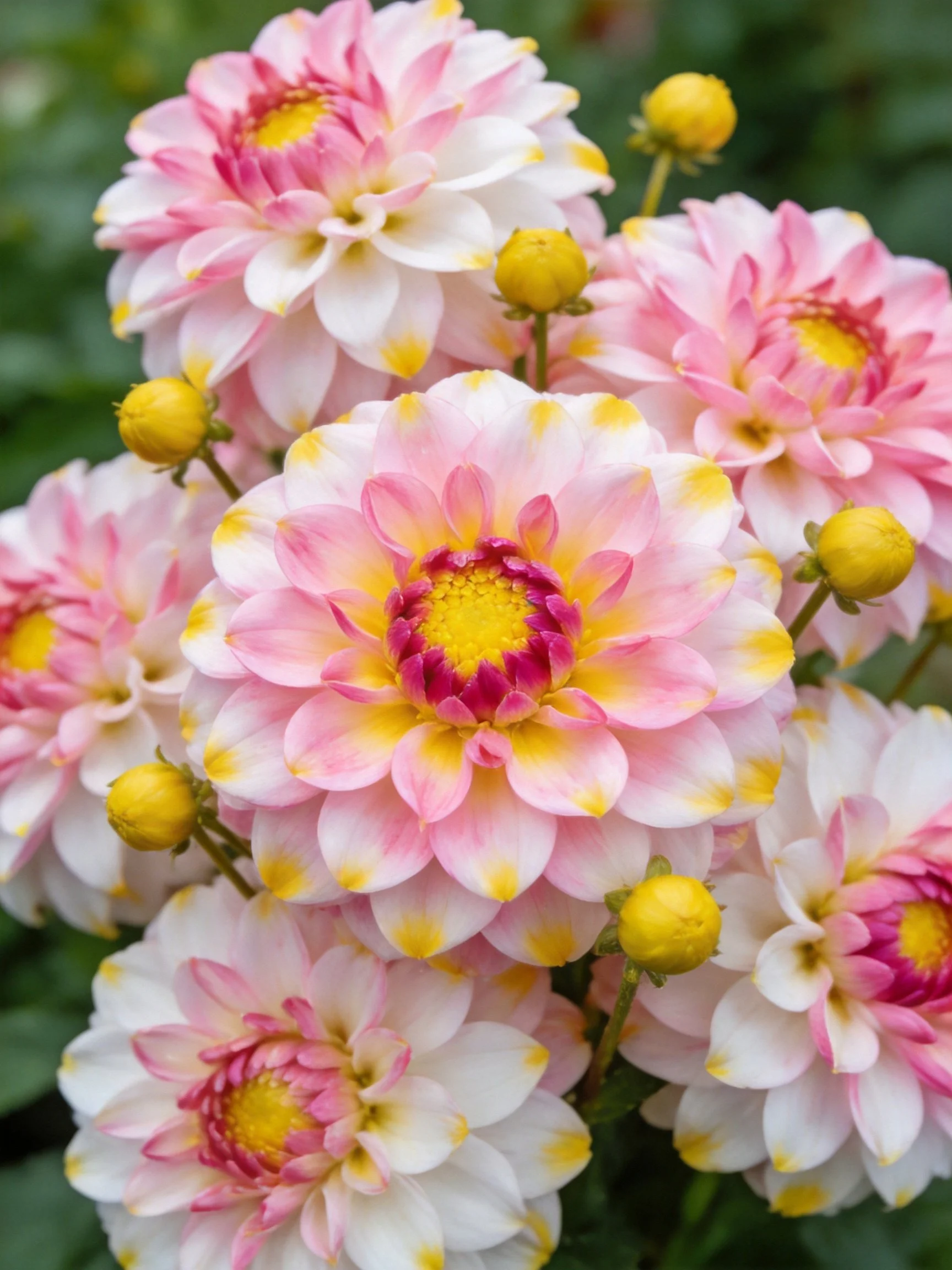 Vibrant Pink and White Dahlias with Yellow Buds