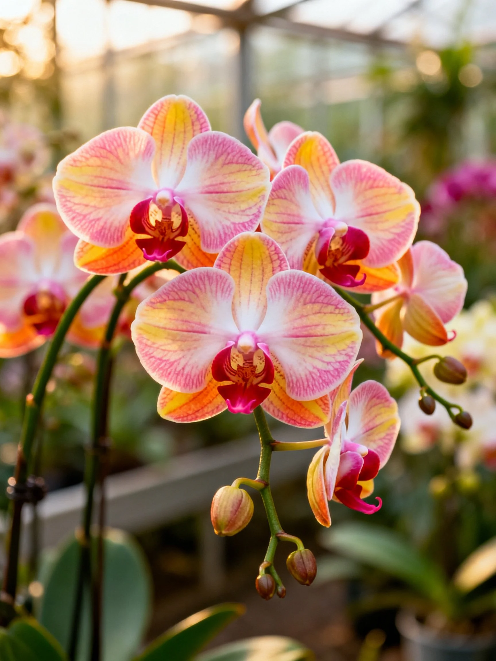 Vibrant Pink and Yellow Orchid Cluster in a Sunlit Greenhouse
