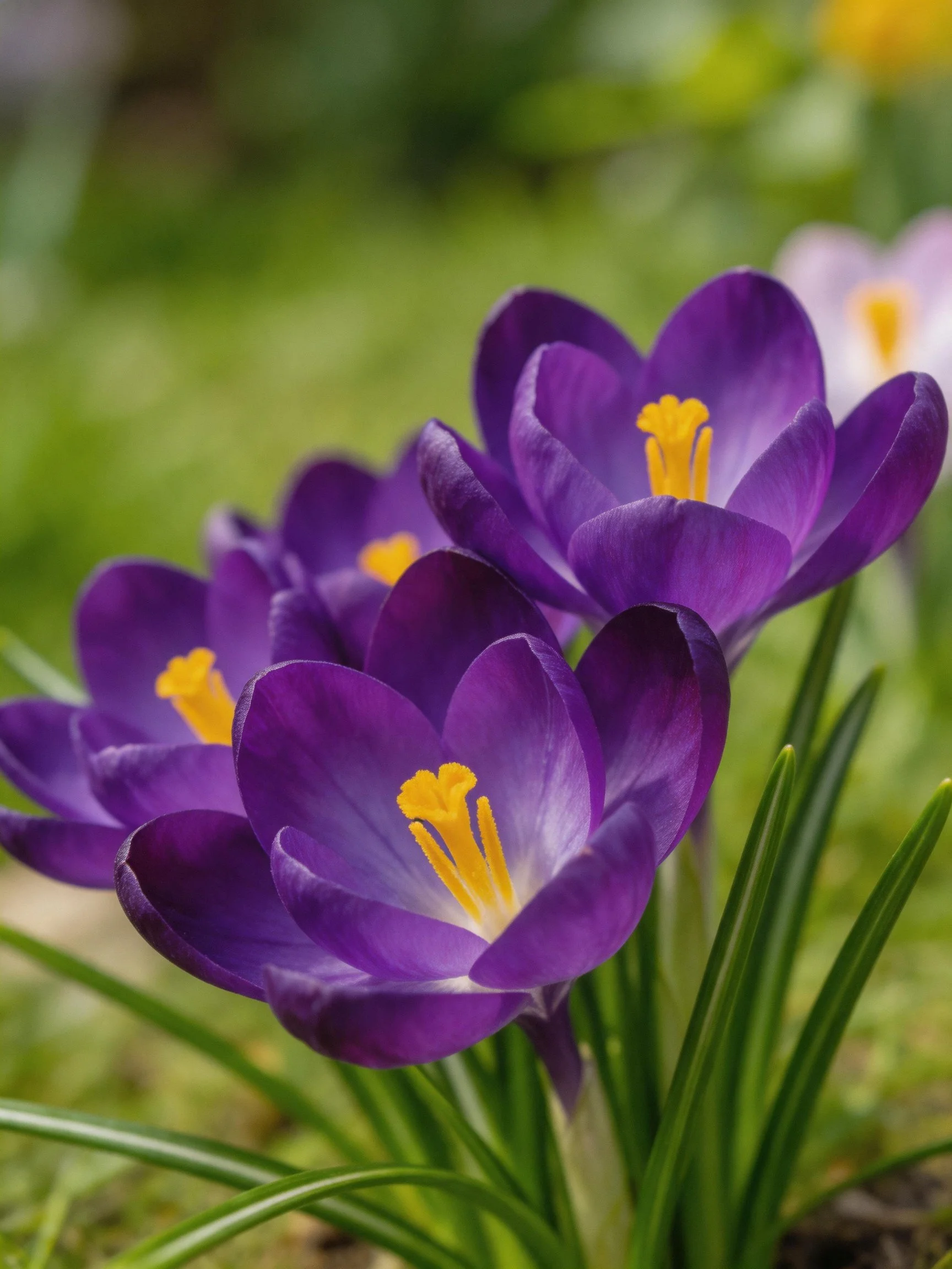 Vibrant purple crocus flowers with bright yellow stamens bloom amidst lush greenery.