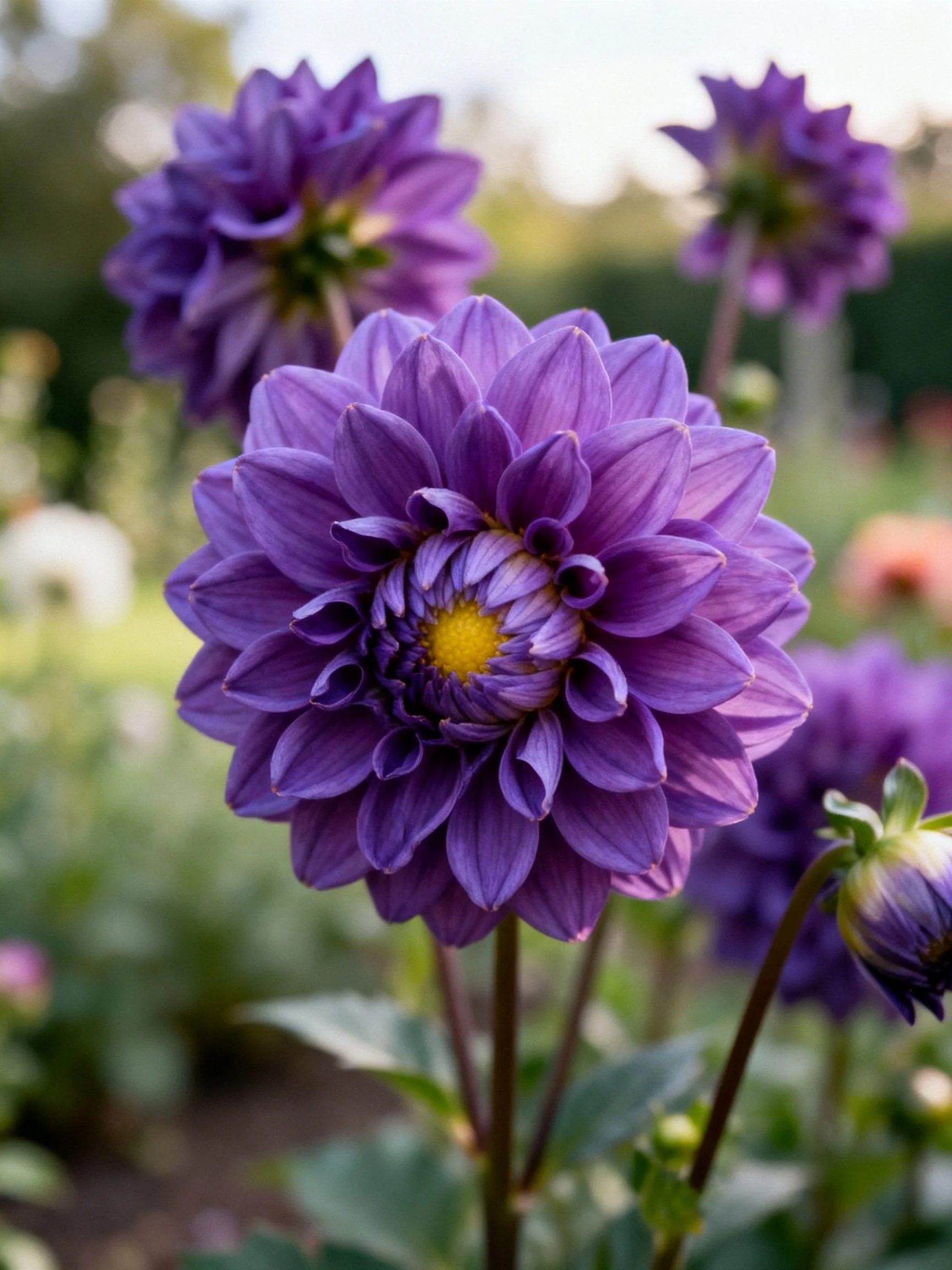 Vibrant Purple Dahlias Bloom in Sunlit Garden
