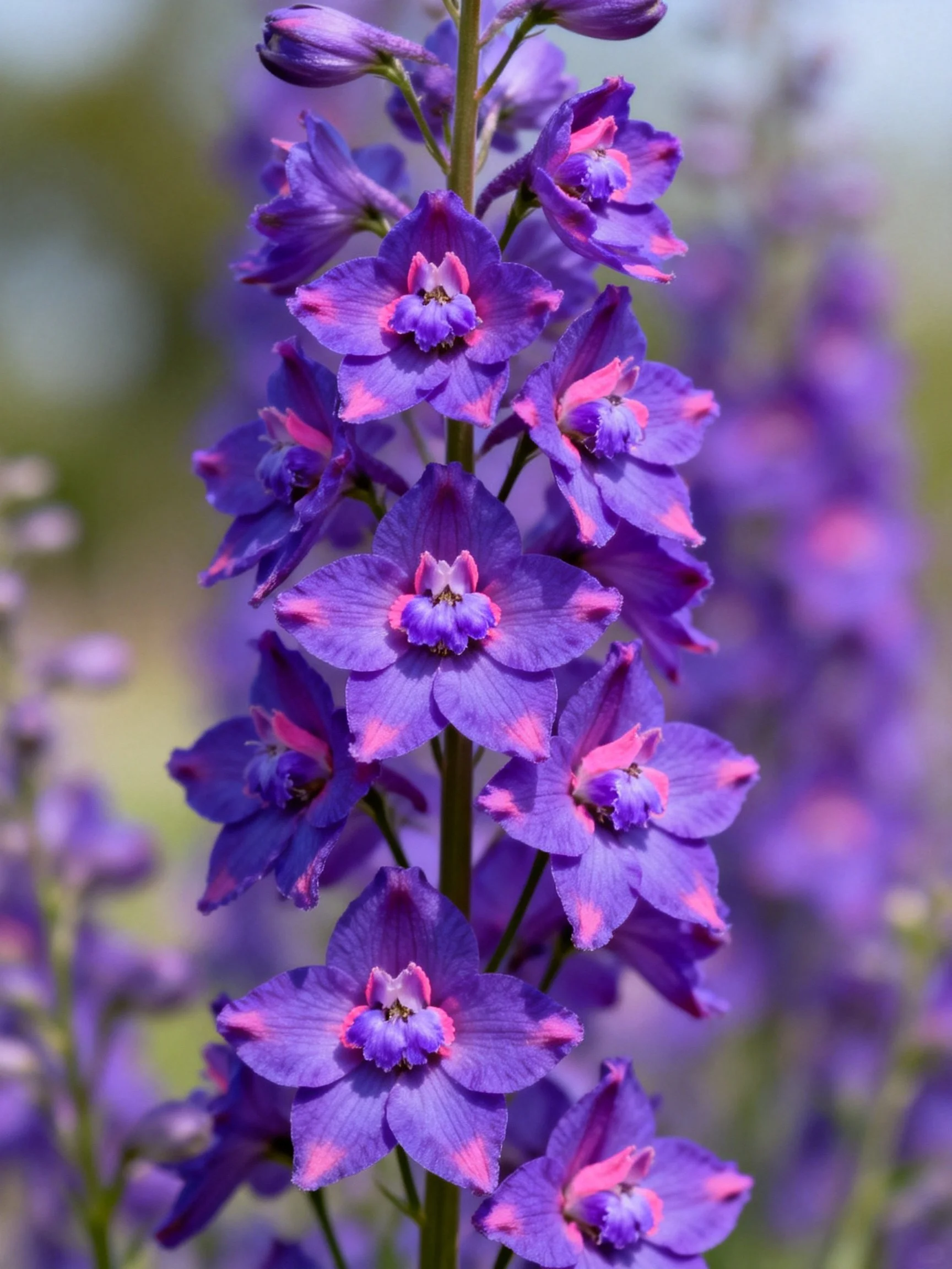 Vibrant Purple Delphiniums with Pink Petal Highlights