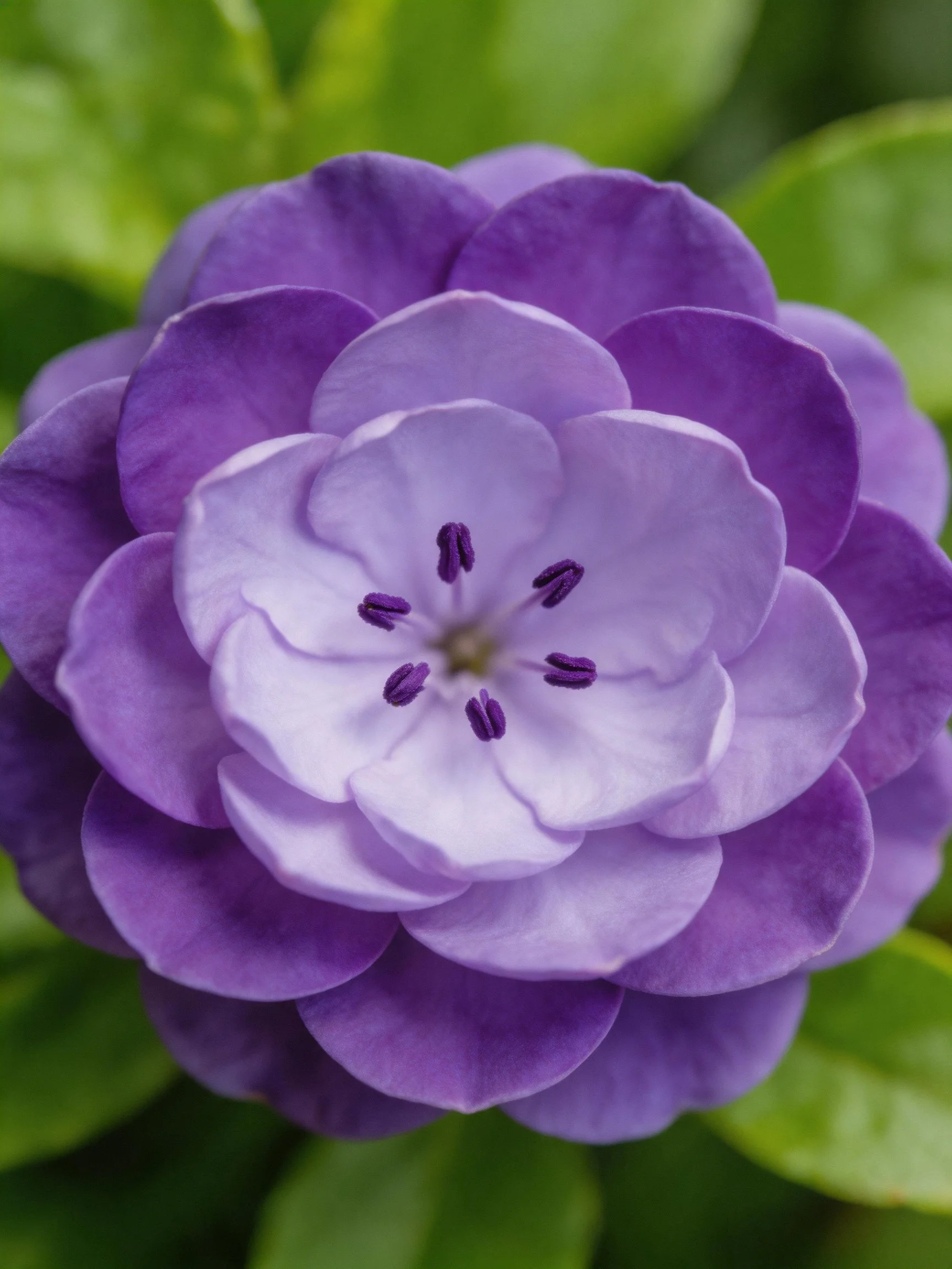 Vibrant Purple Flower with Layered Petals and Green Foliage