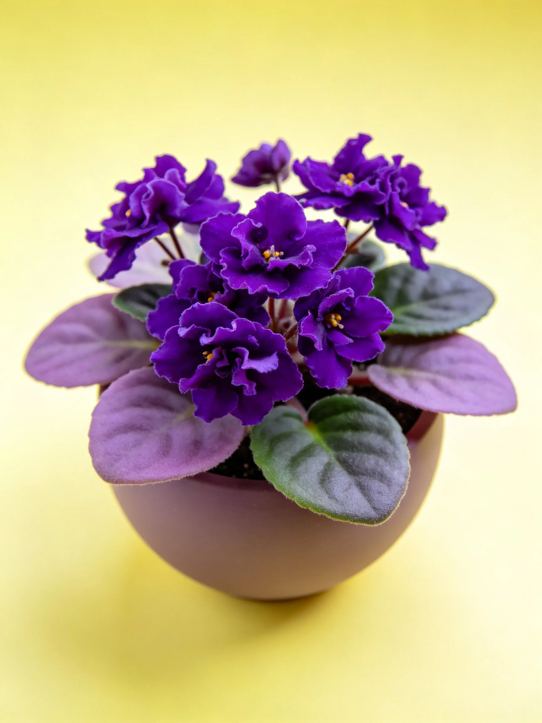 Vibrant Purple Flowers and Variegated Leaves in Round Pot