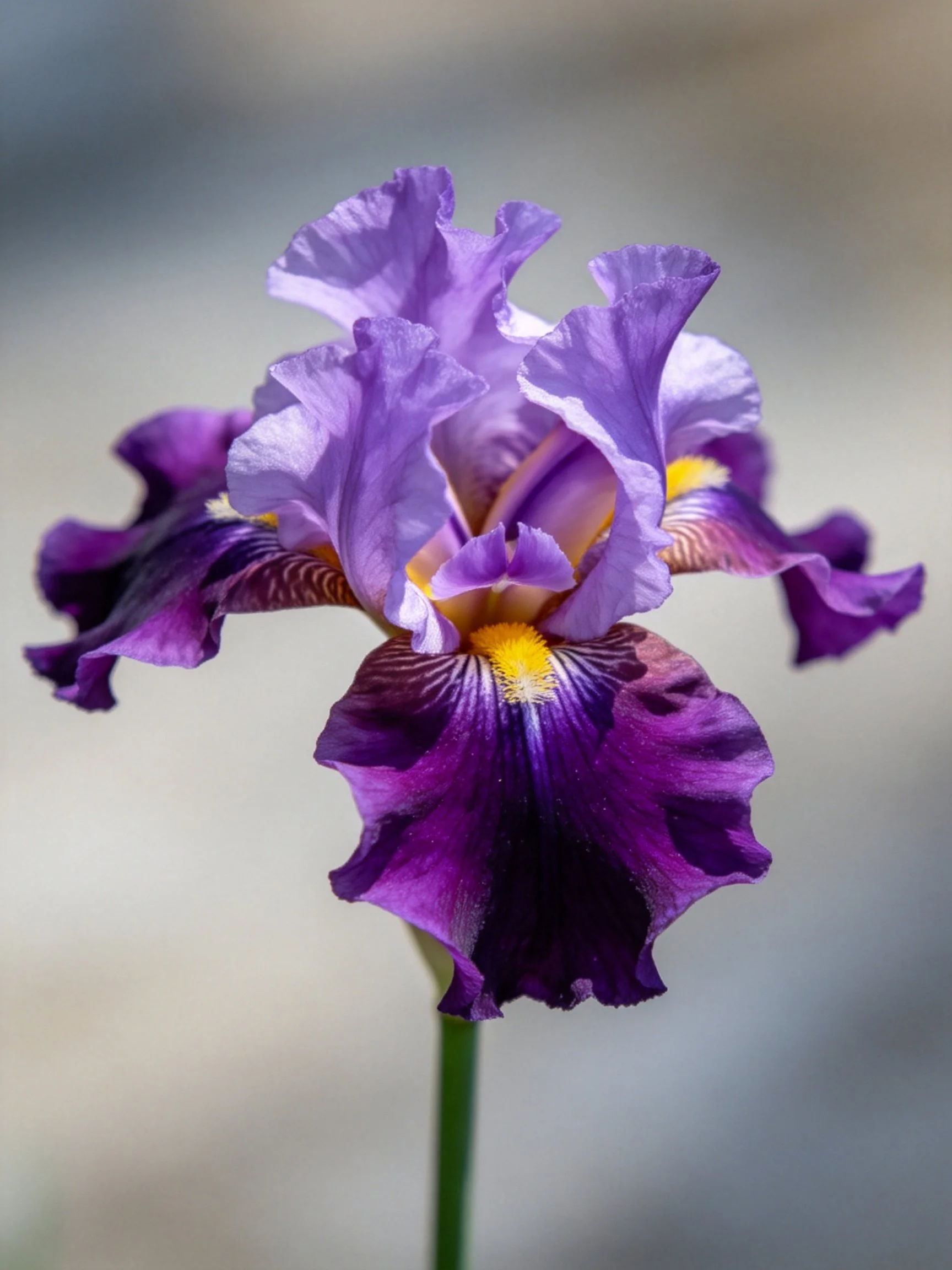 Vibrant Purple Iris with Ruffled Petals and Yellow Center