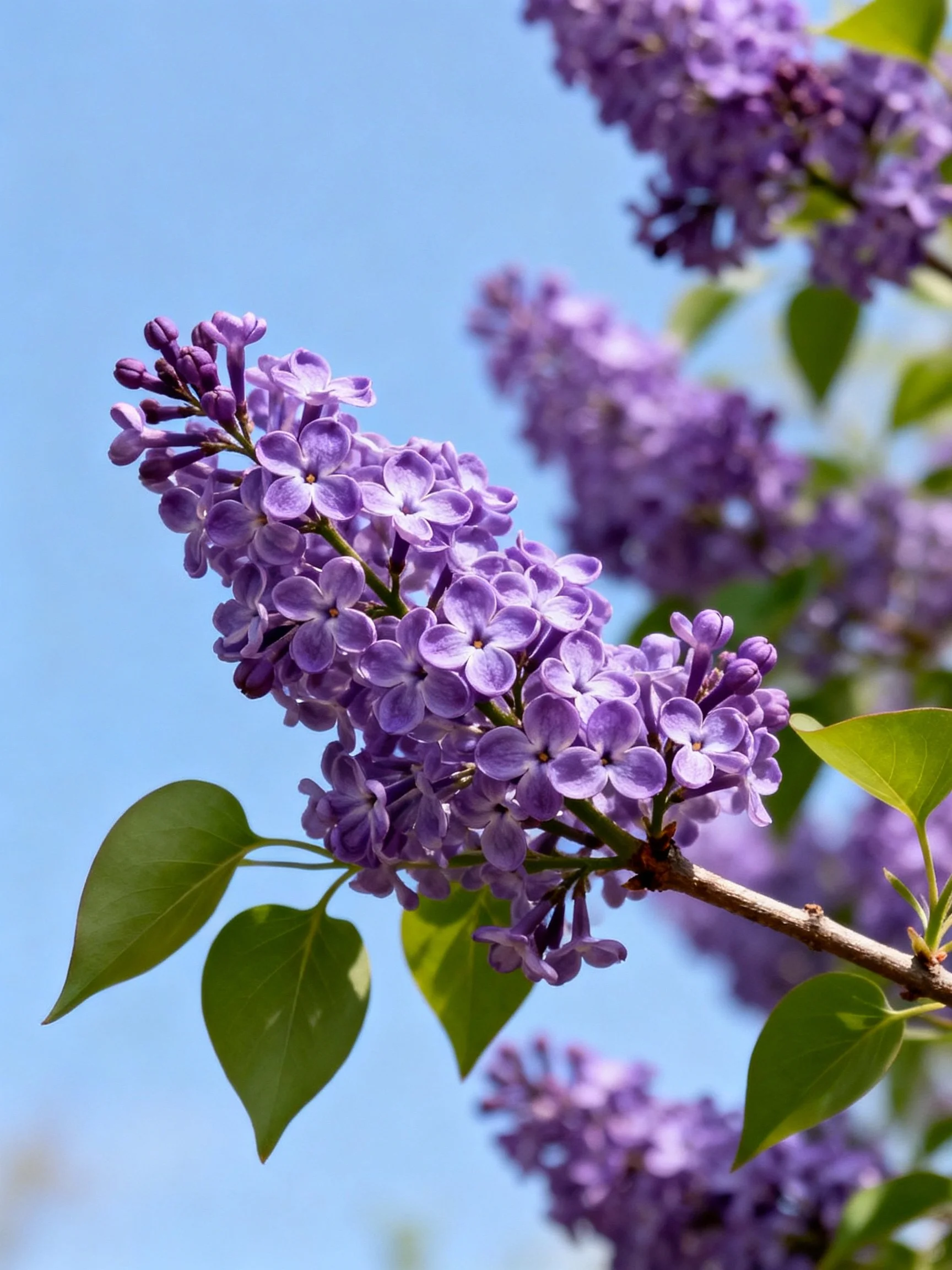 Vibrant Purple Lilac Blooms Against Clear Blue Sky