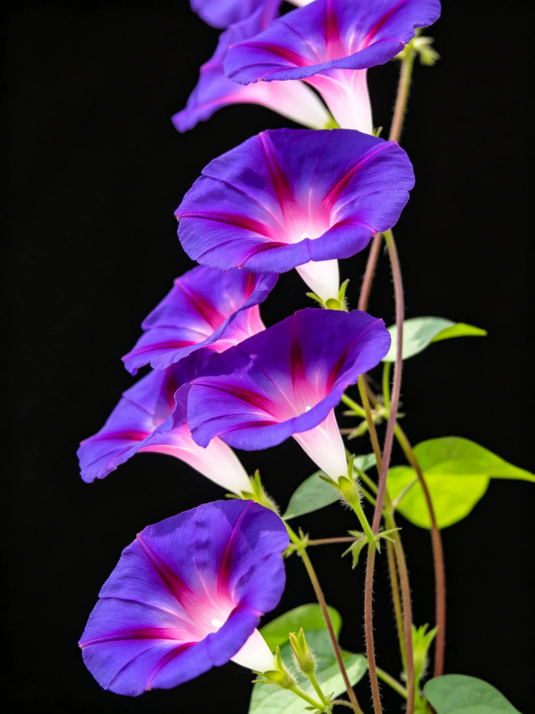 Vibrant Purple Morning Glories with Pink Centered Blooms