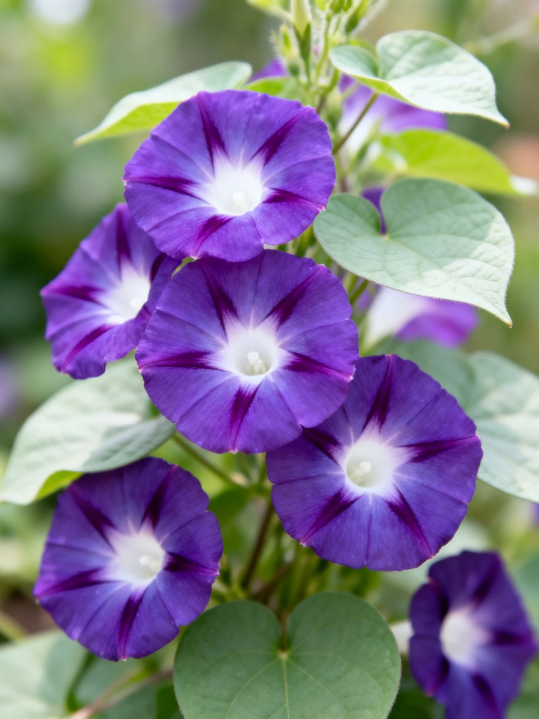 Vibrant Purple Morning Glories with White Centers Among Green Foliage