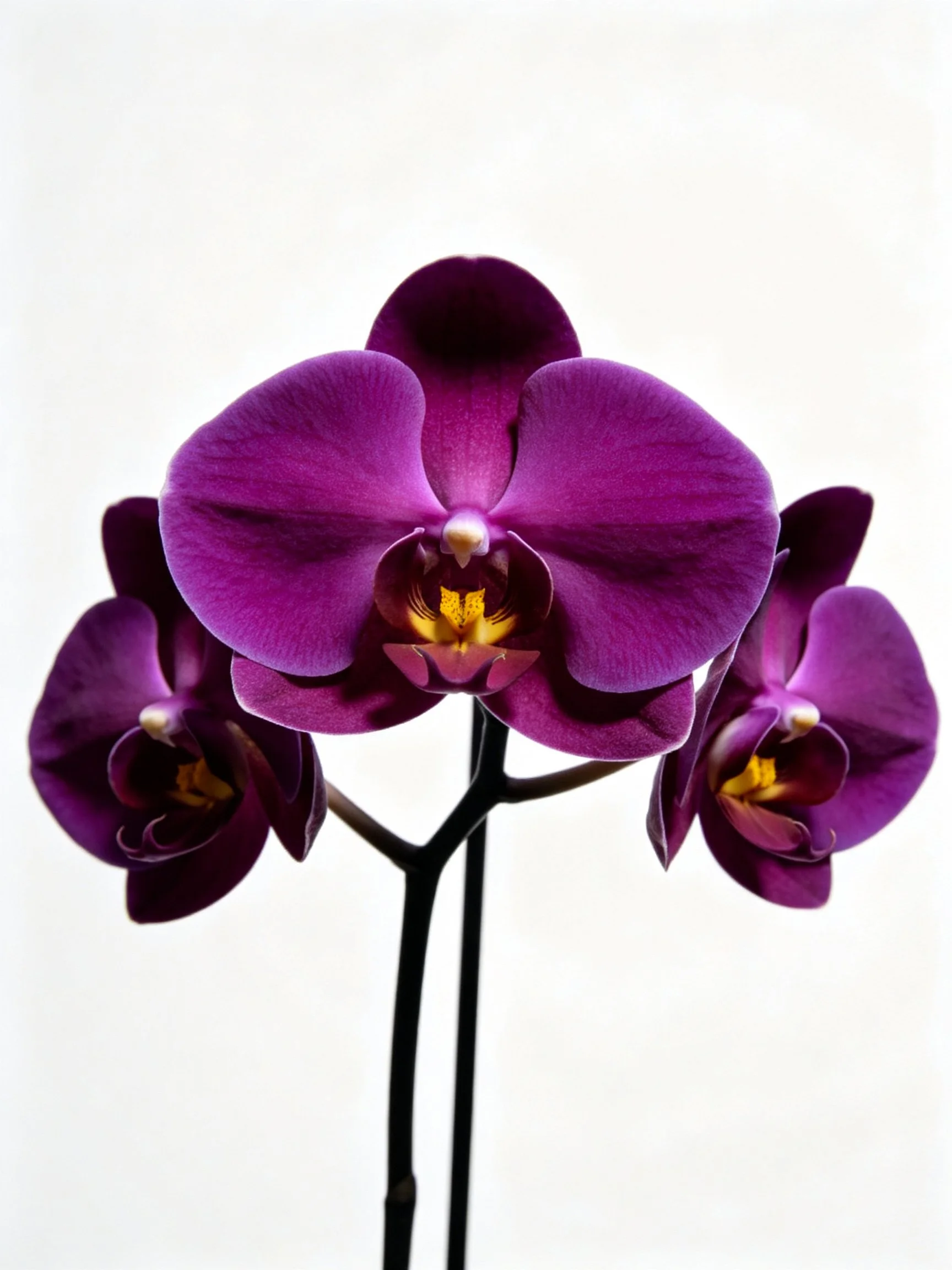 Vibrant Purple Orchids with Yellow Centers Against White Background