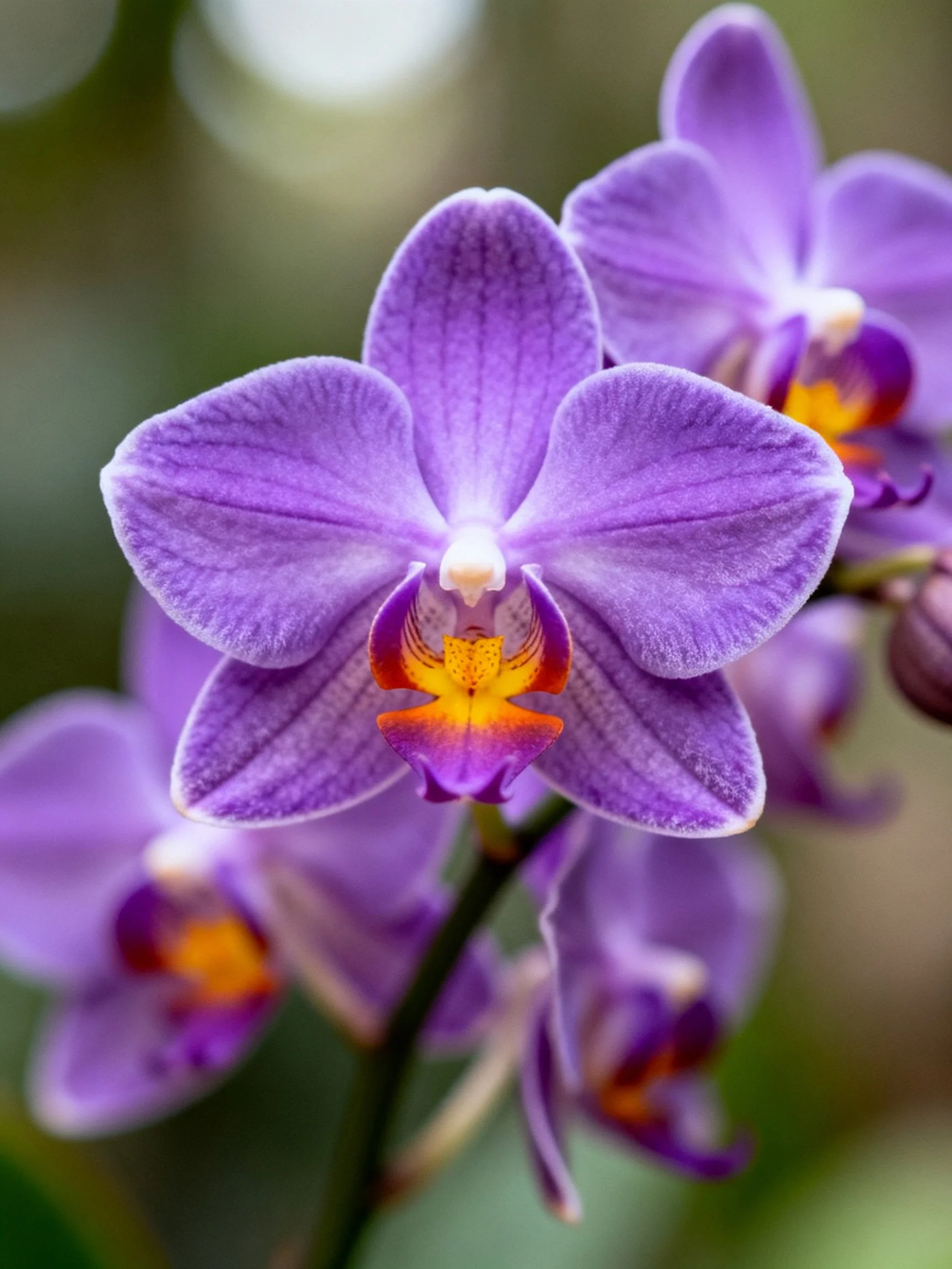 Vibrant Purple Orchids with Yellow and Red Floral Centers
