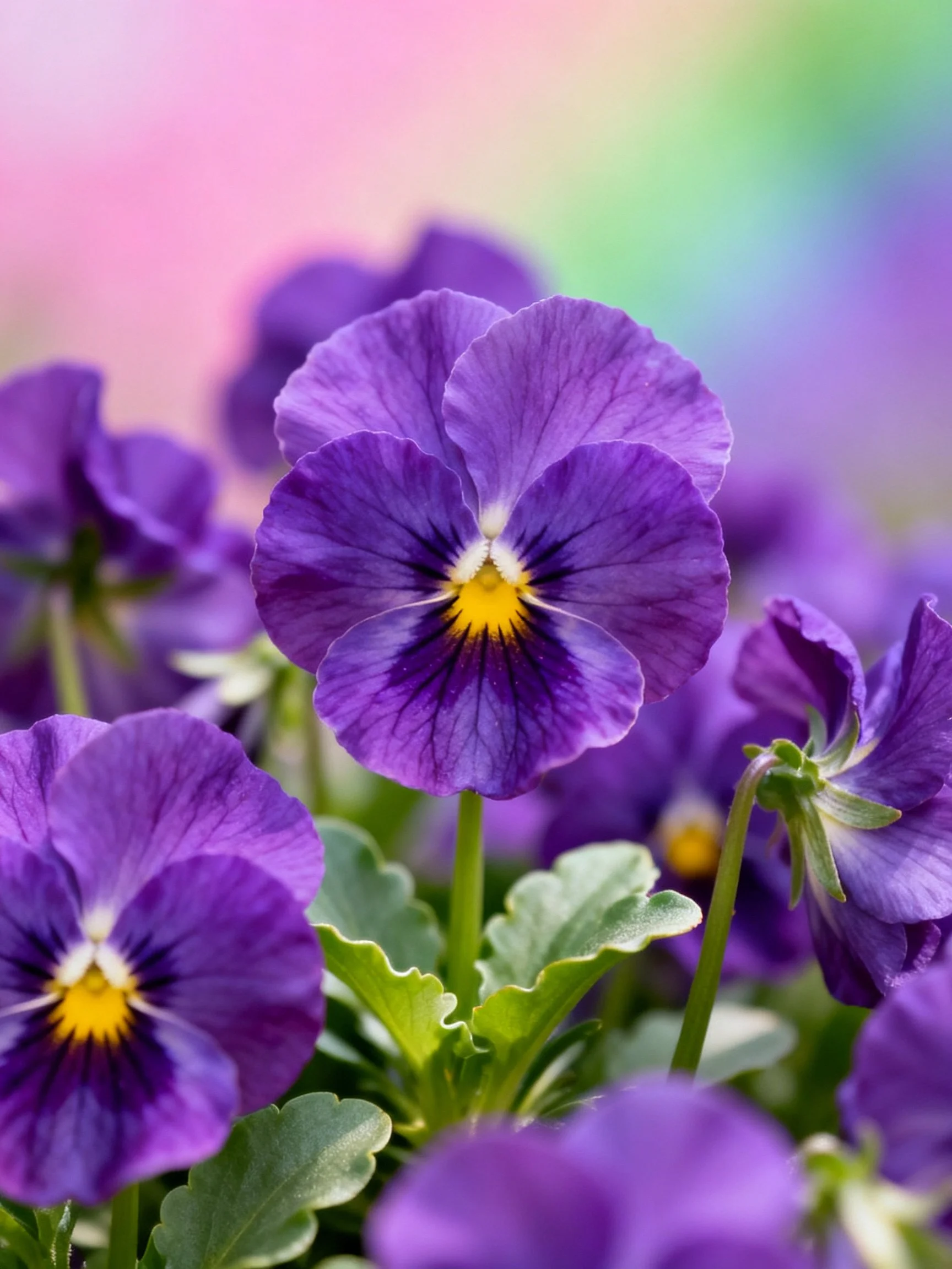 Vibrant Purple Pansies with Yellow Centers Among Green Foliage
