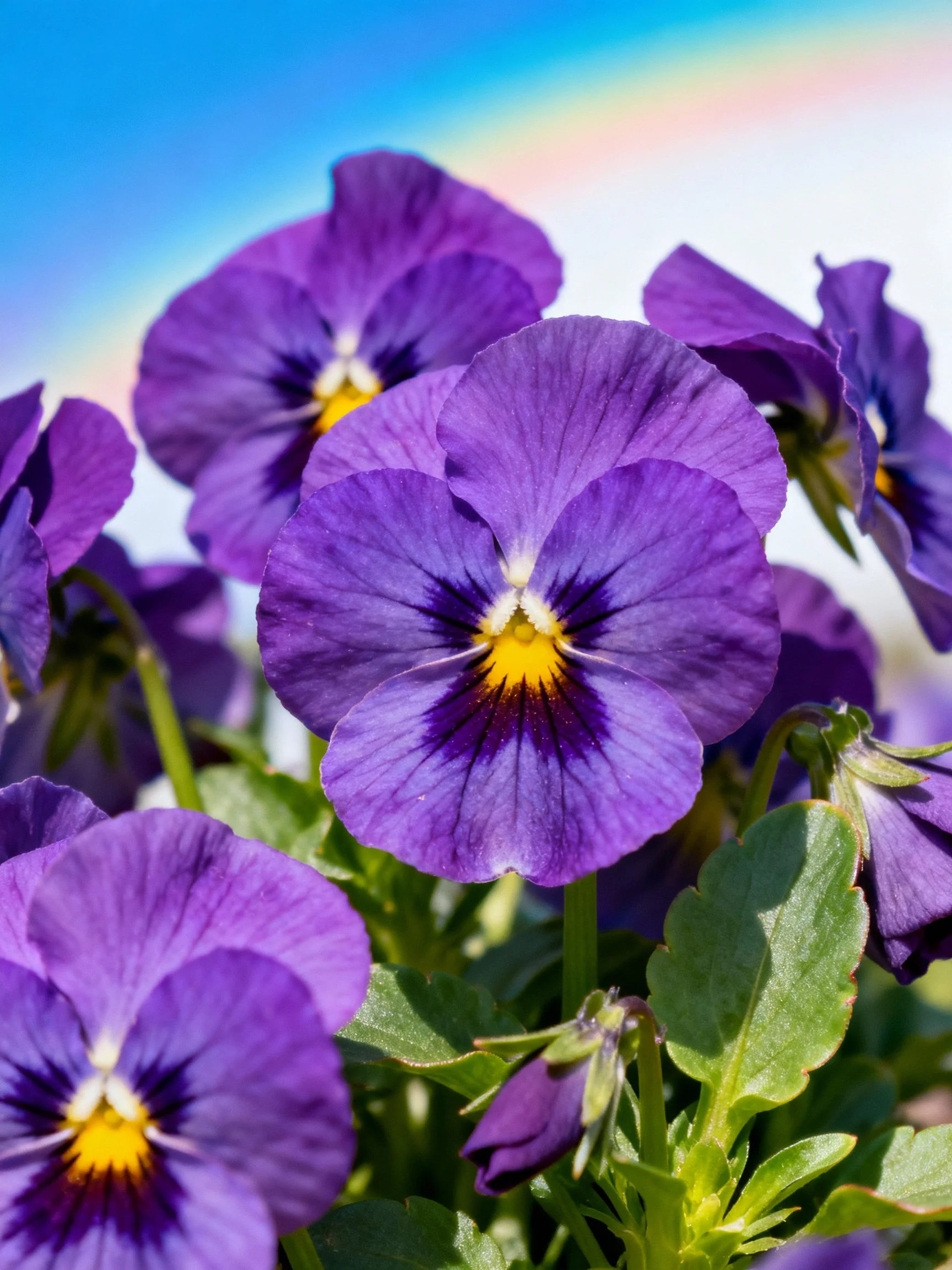 Vibrant Purple Pansies with Yellow Centers Under Bright Sky