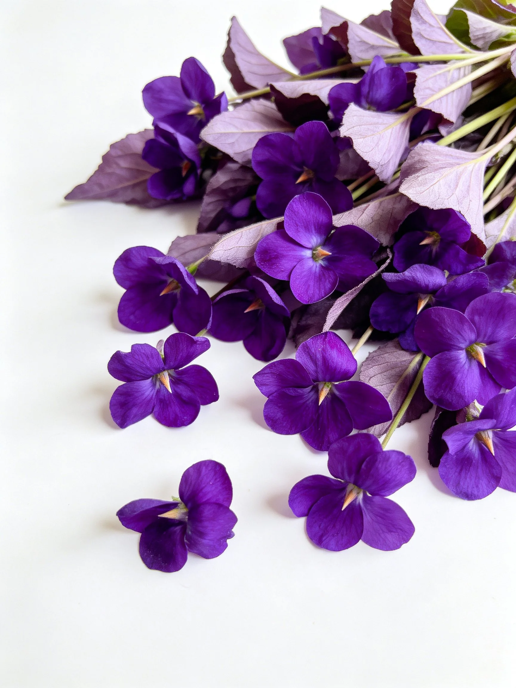 Vibrant Purple Violet Flowers with Mottled Leaves on Plain White Surface