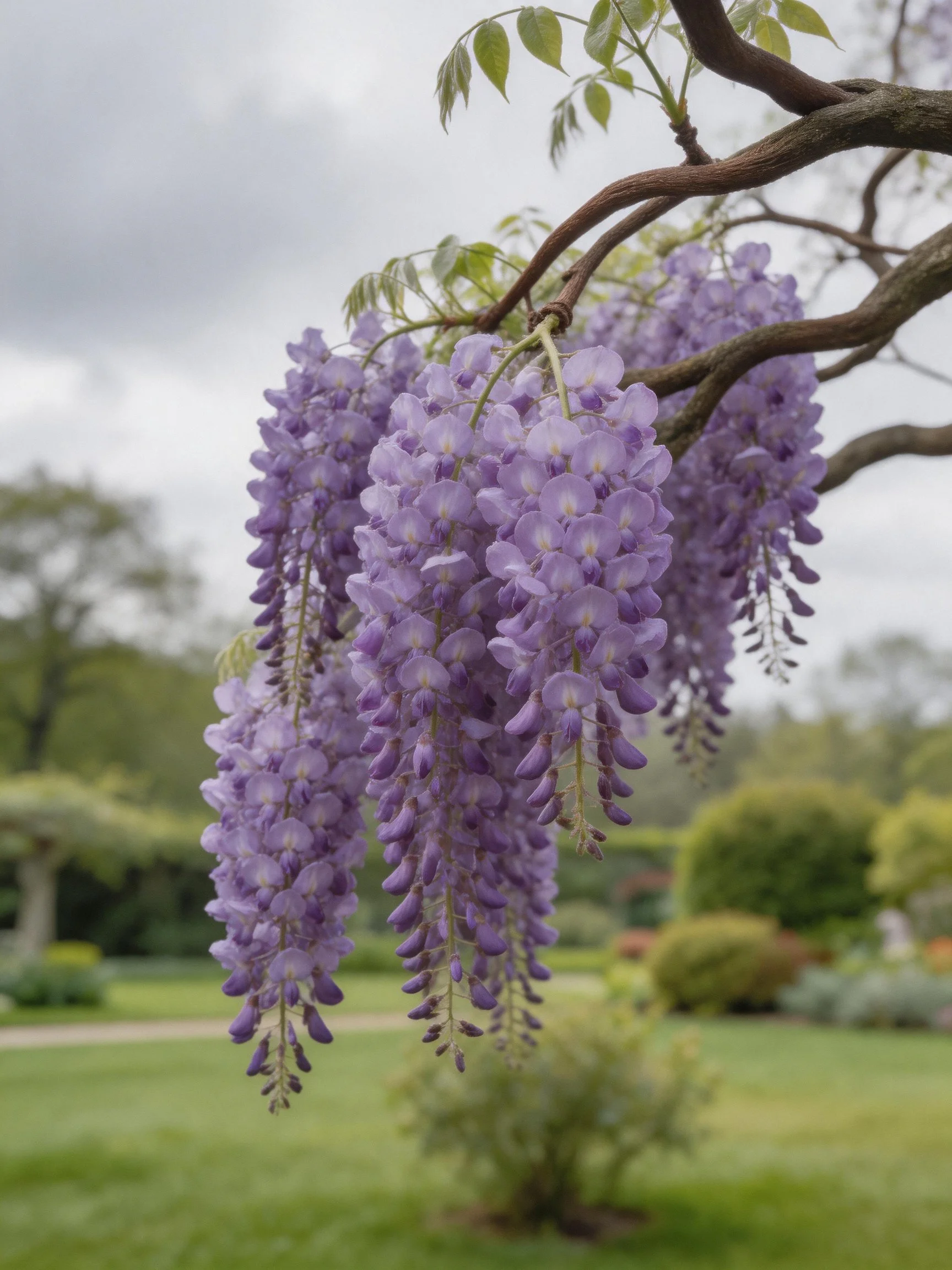 Vibrant Purple Wisteria Clusters Dangle From Twisted Tree Branches