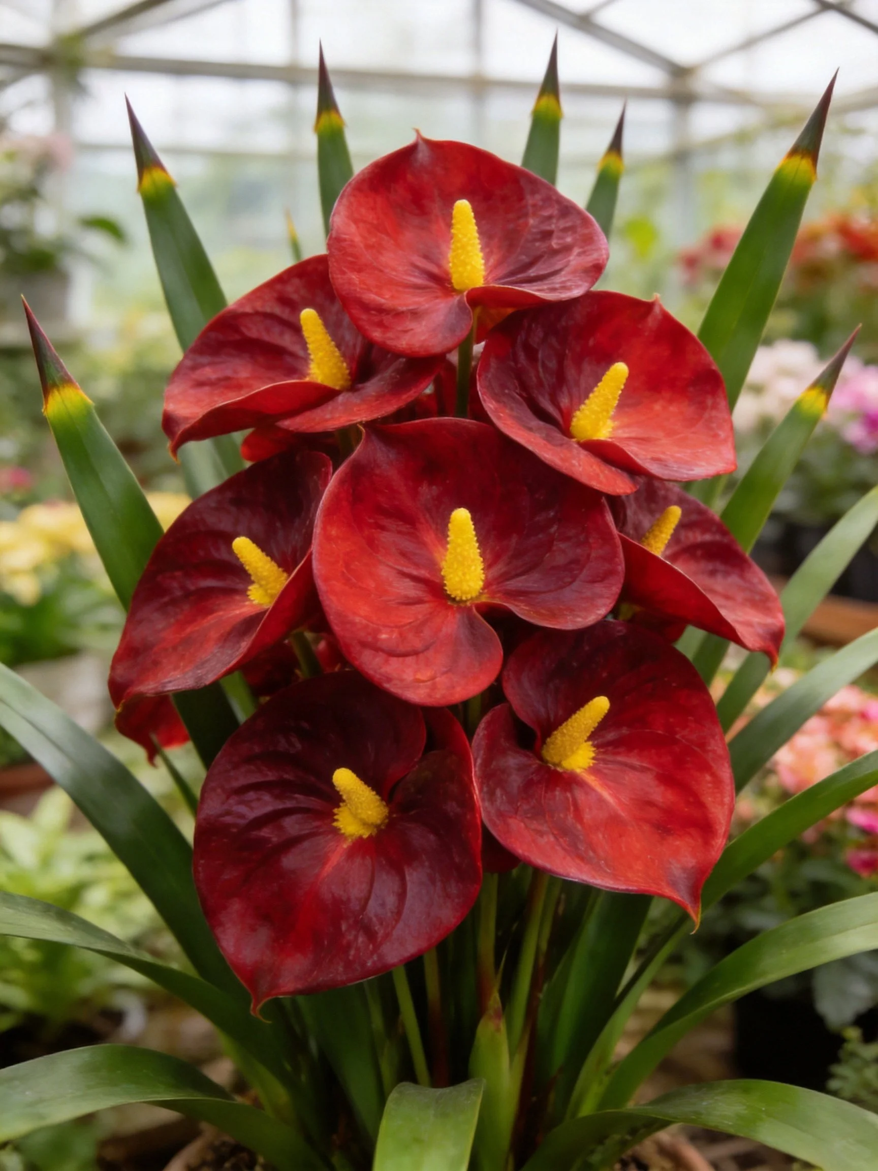 Vibrant Red Anthurium Cluster with Yellow Spadices in Greenery
