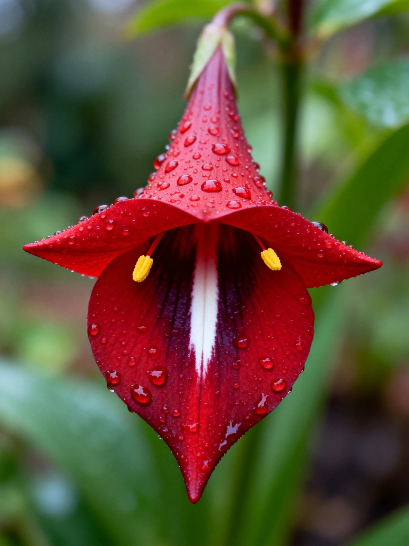 Vibrant Red Bell-Shaped Flower with Water Droplets