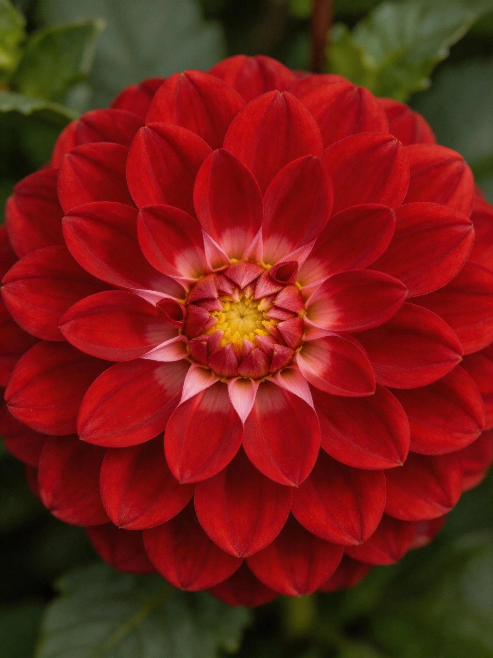 Close - up of a vibrant red dahlia with layered petals and a yellow central core.