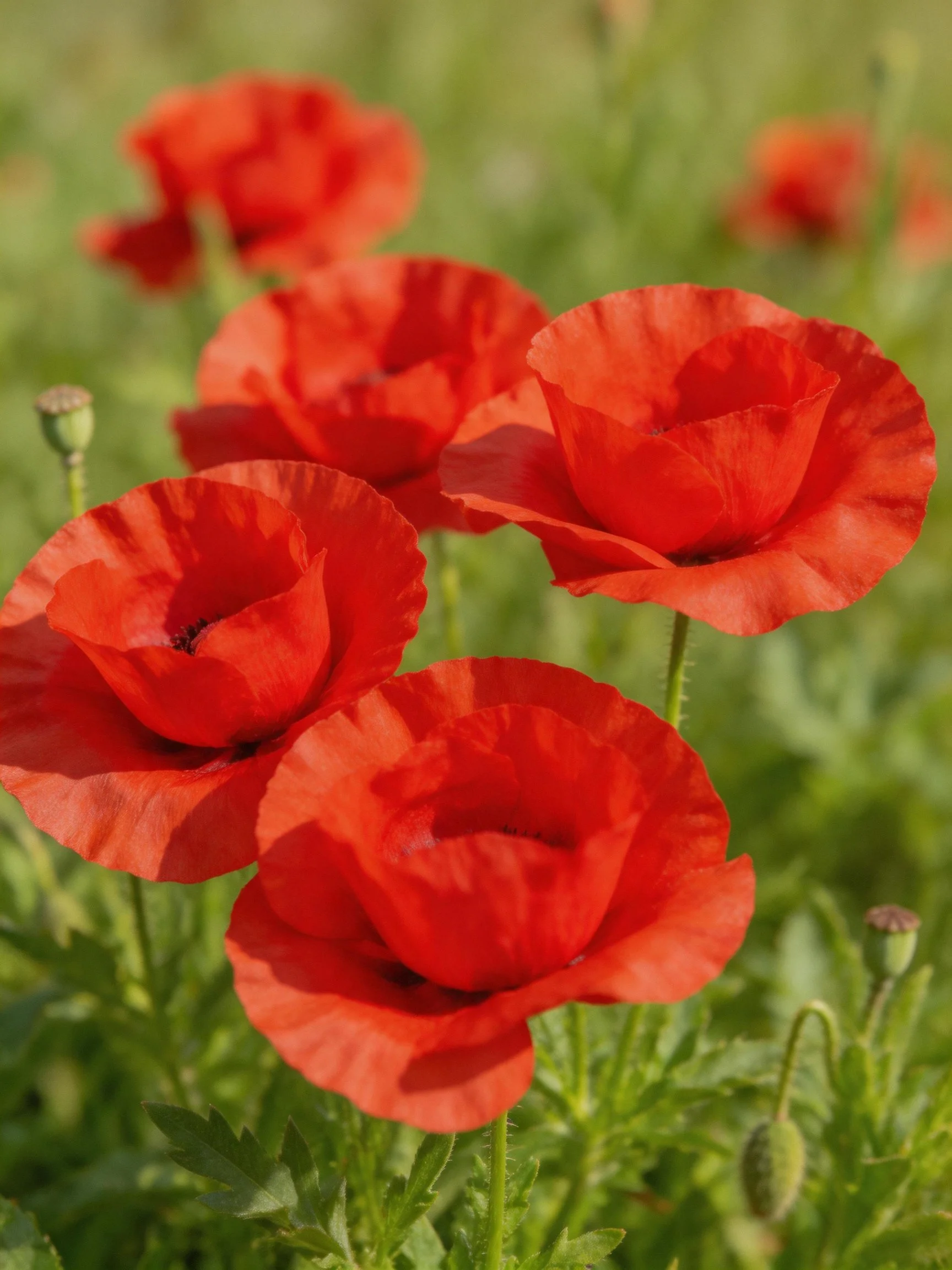 Vibrant Red Poppies Blooming Among Green Foliage