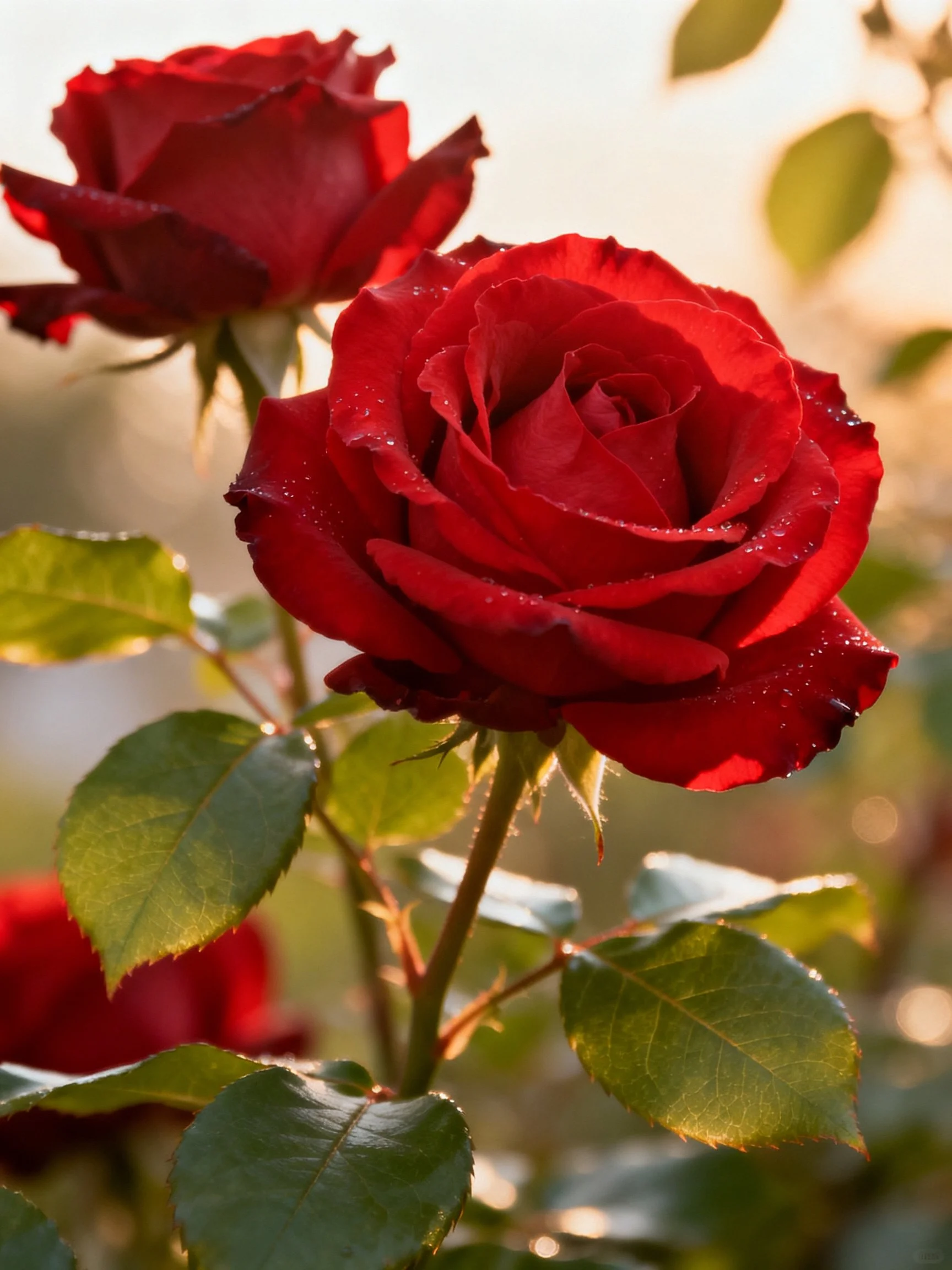 Vibrant Red Roses with Dewdrops and Green Foliage