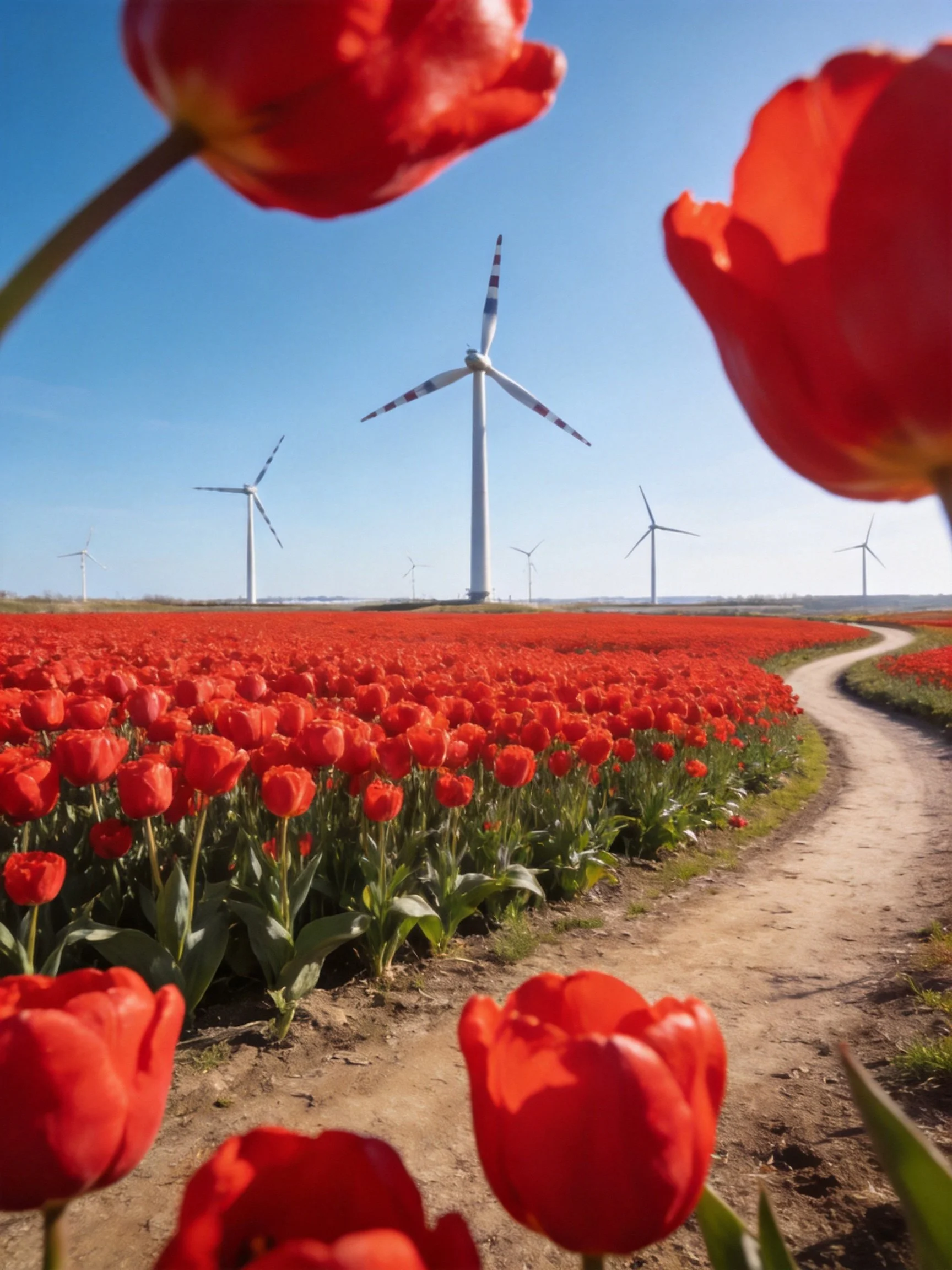 Vibrant Red Tulip Field with Wind Turbines and Dirt Path