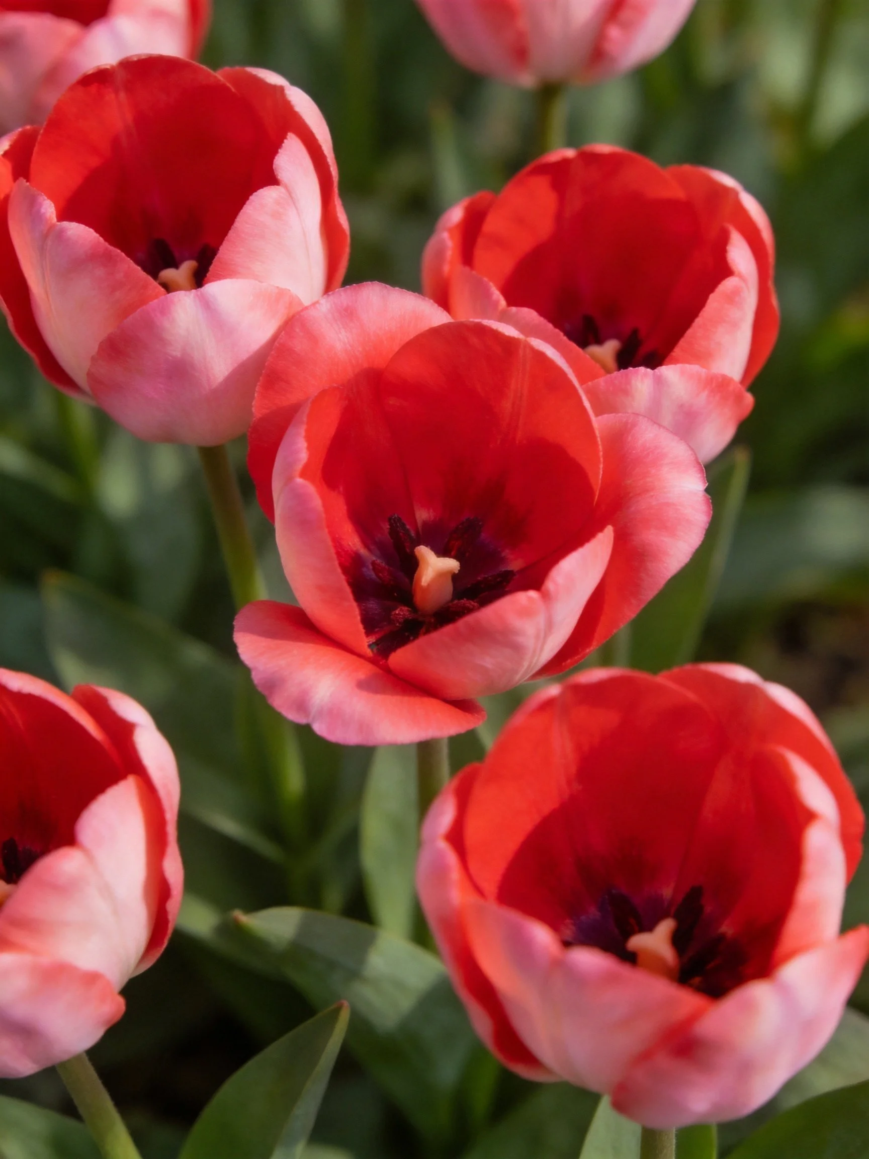 Vibrant Red and Pink Tulips in a Lush Garden