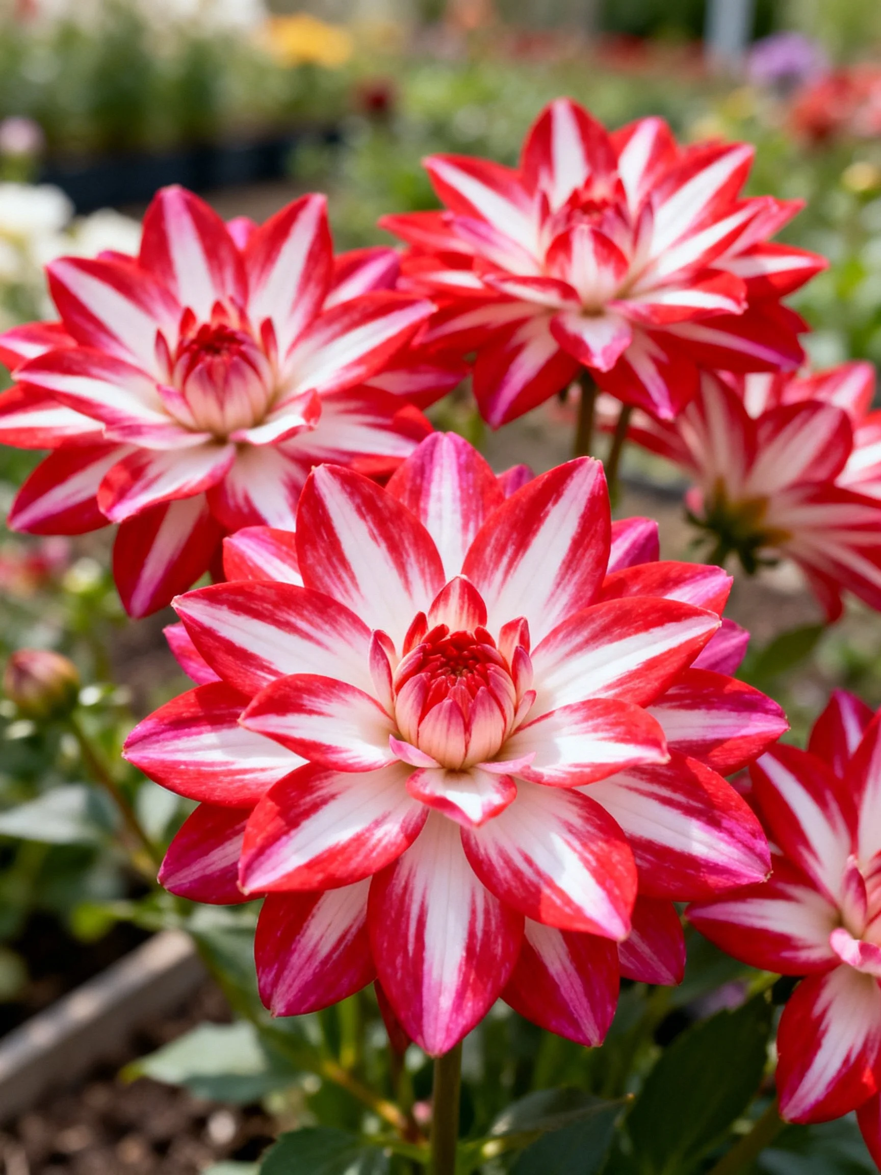 Vibrant Red and White Striped Dahlias in a Garden Setting