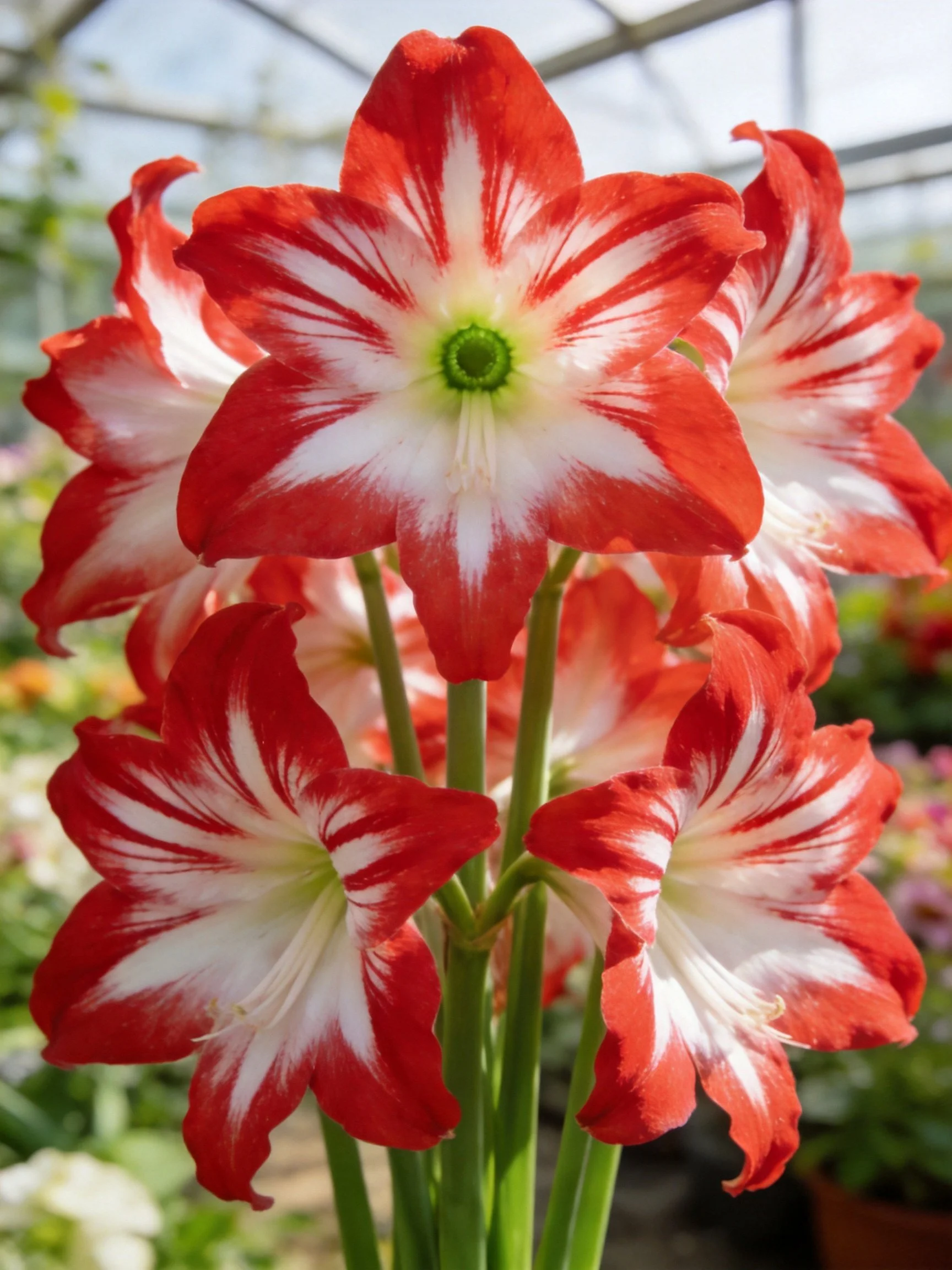 Vibrant Red and White Striped Flowers in a Greenhouse