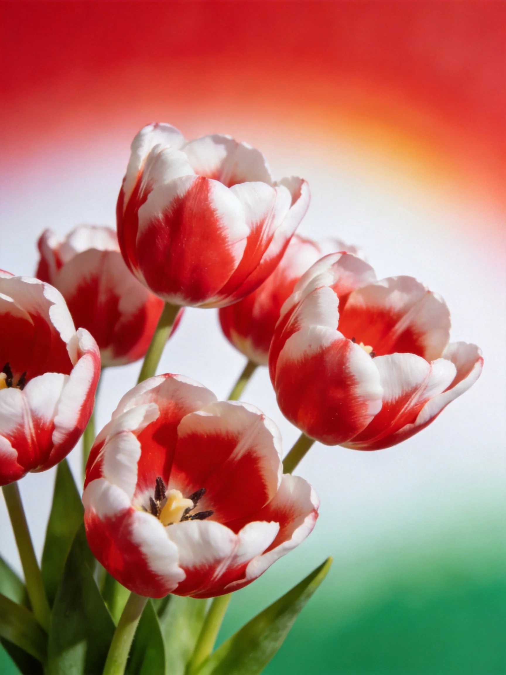 Vibrant Red and White Tulip Bouquet with Colorful Gradient Background