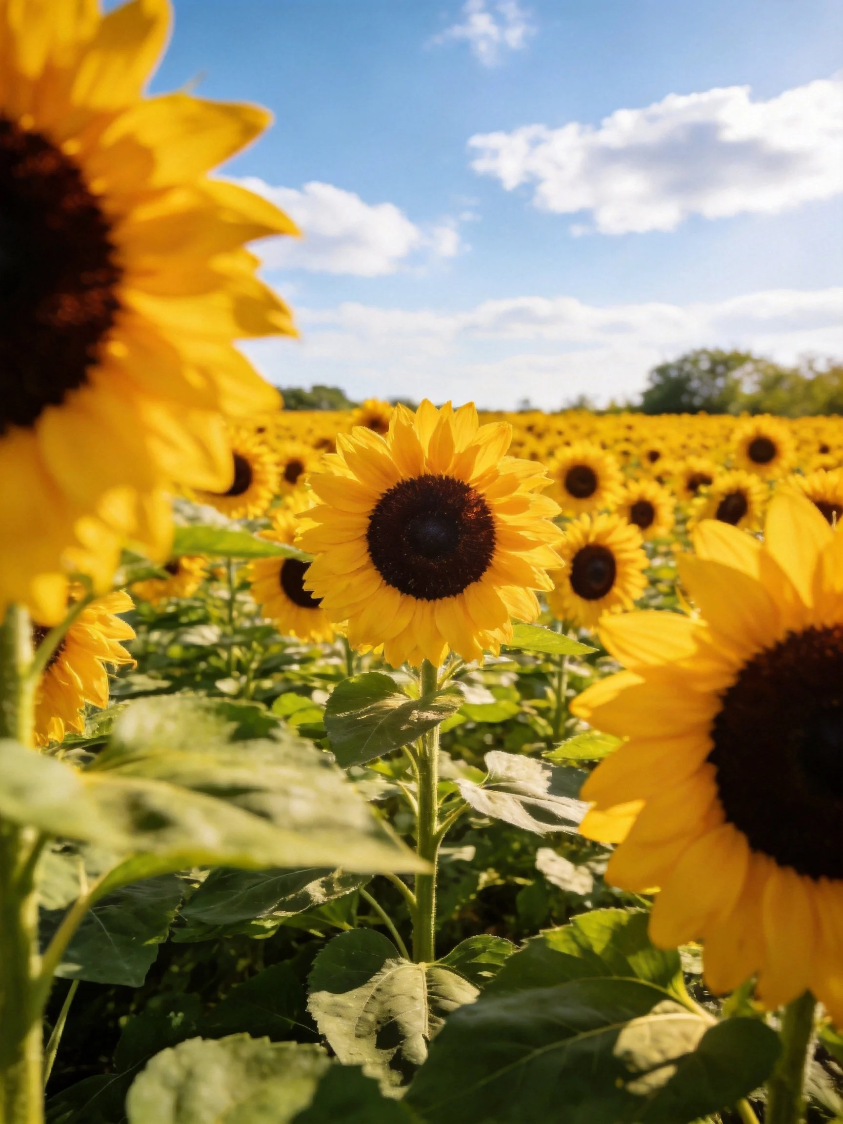 Vibrant Sunflower Field with Blue Sky and Green Foliage