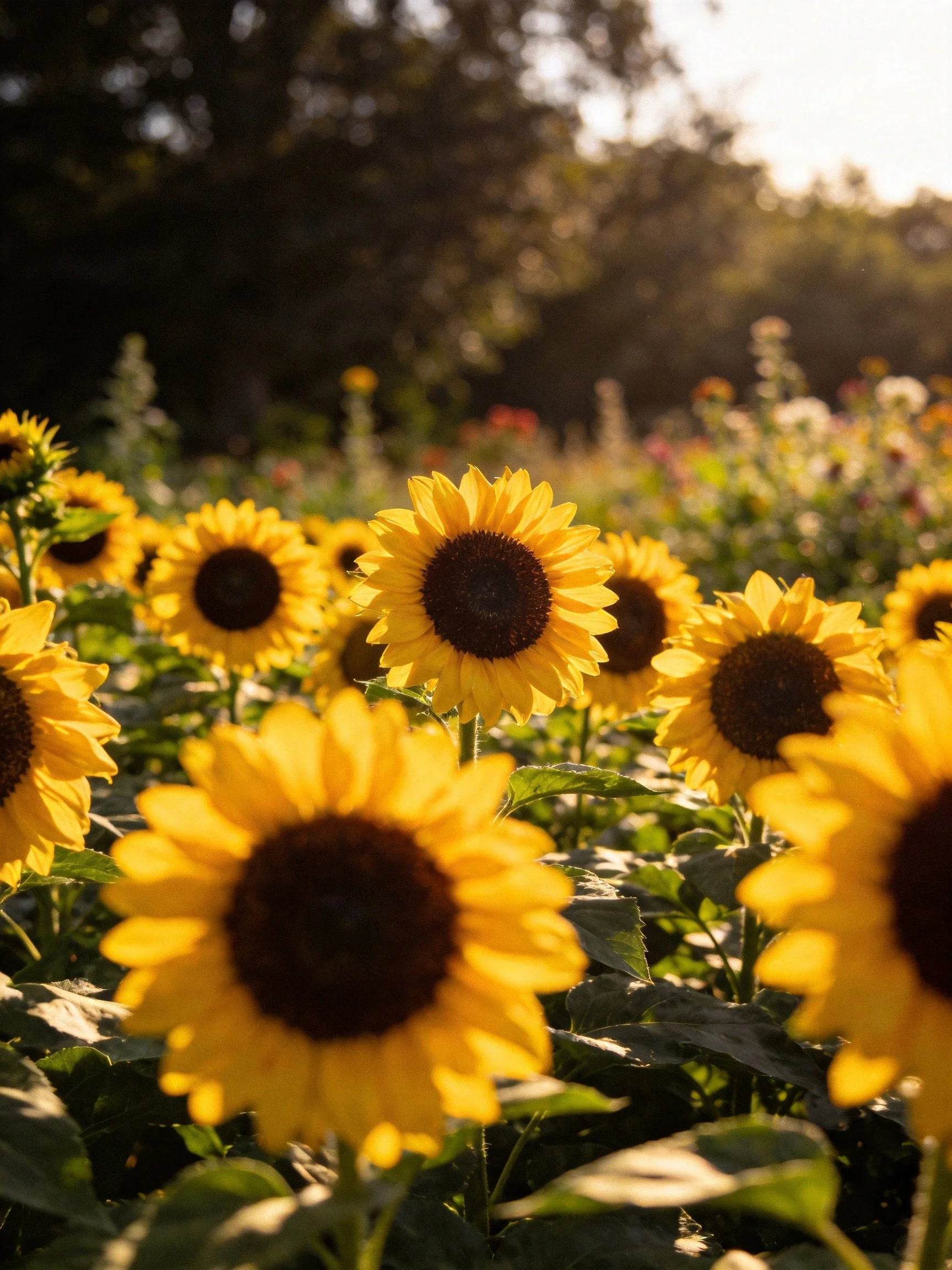 Vibrant Sunflower Field with Golden Light and Green Foliage