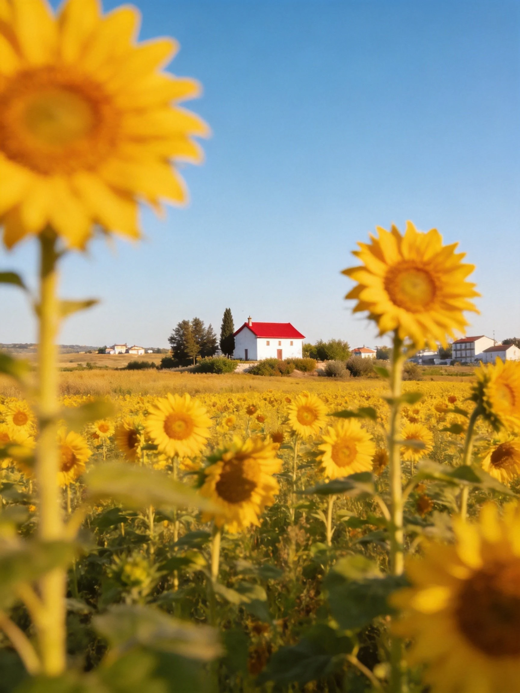 Vibrant Sunflower Field with White House Under Clear Blue Sky