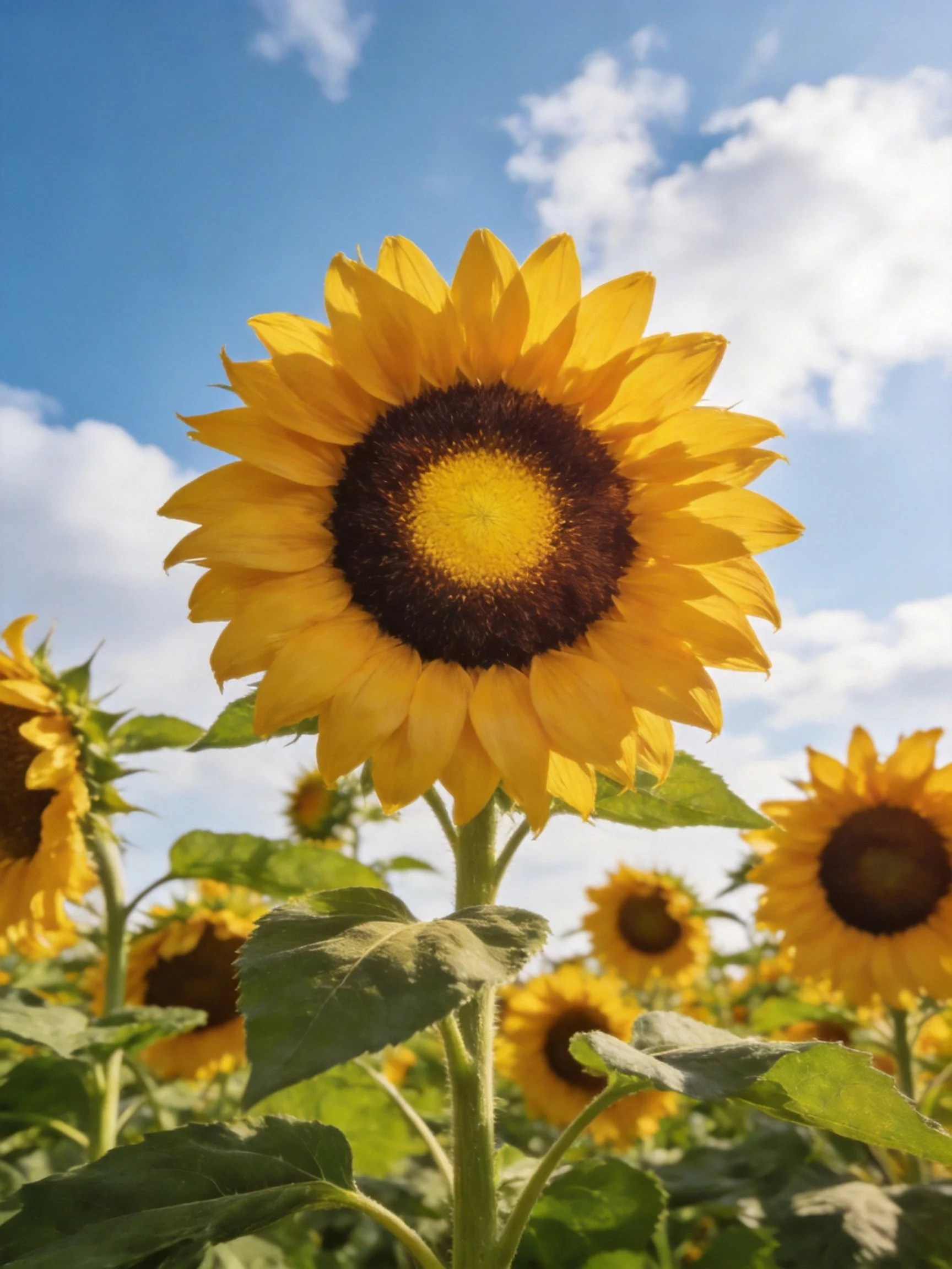Vibrant Sunflowers Bloom Amid Clear Blue Sky with White Clouds