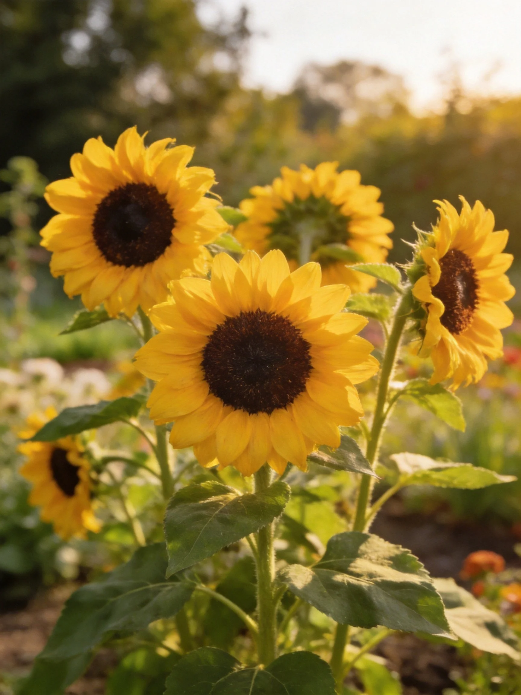 Vibrant Sunflowers with Dark Centers in a Garden Setting