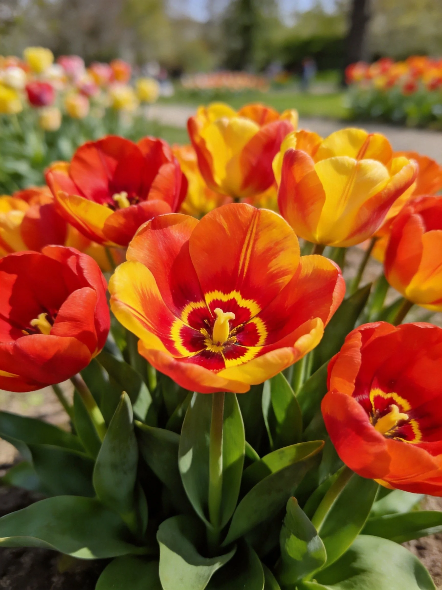 Vibrant Tulip Cluster with Red, Yellow, Orange Blooms