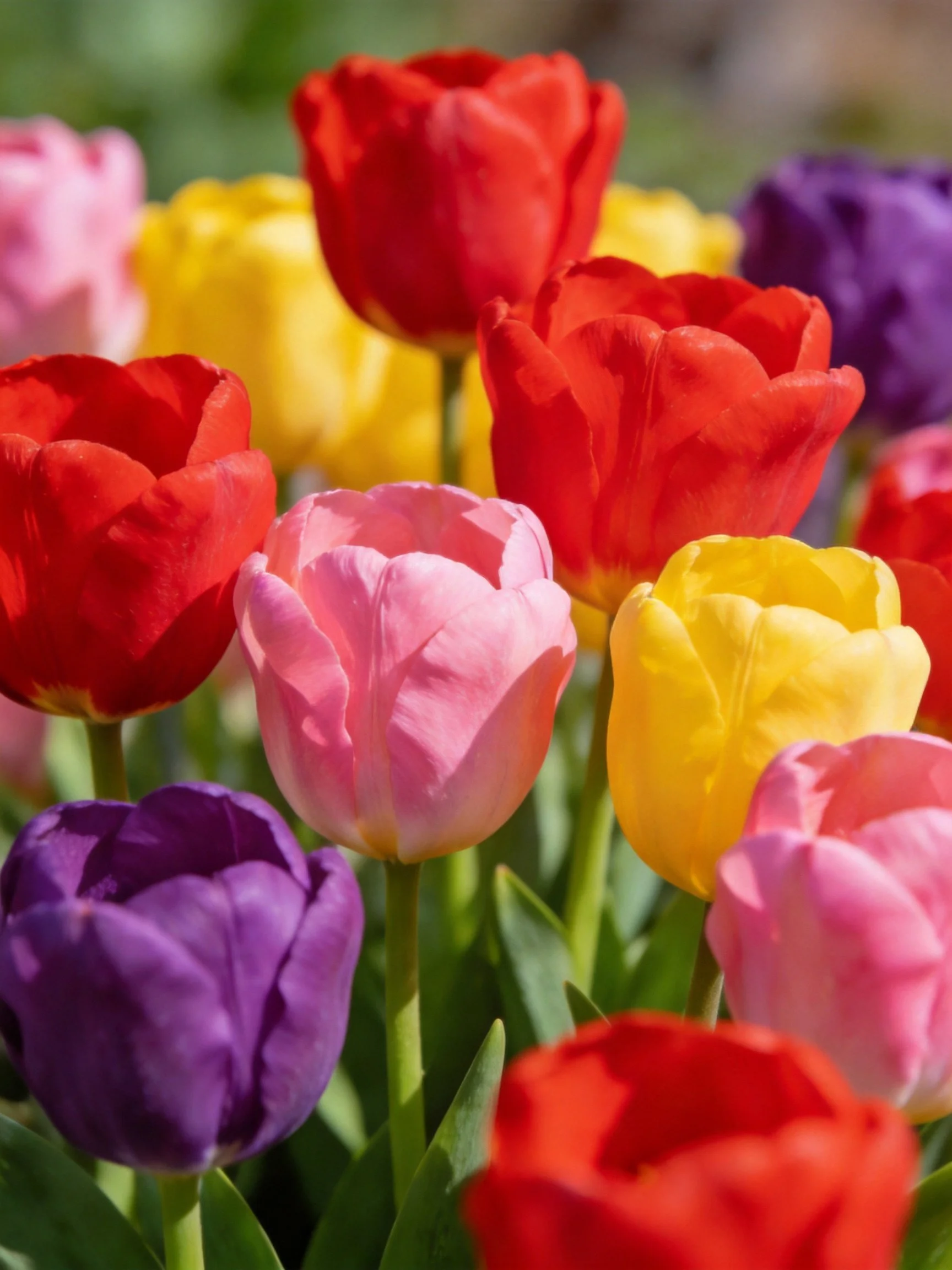 Vibrant Tulip Cluster with Red, Yellow, Pink, and Purple Blooms