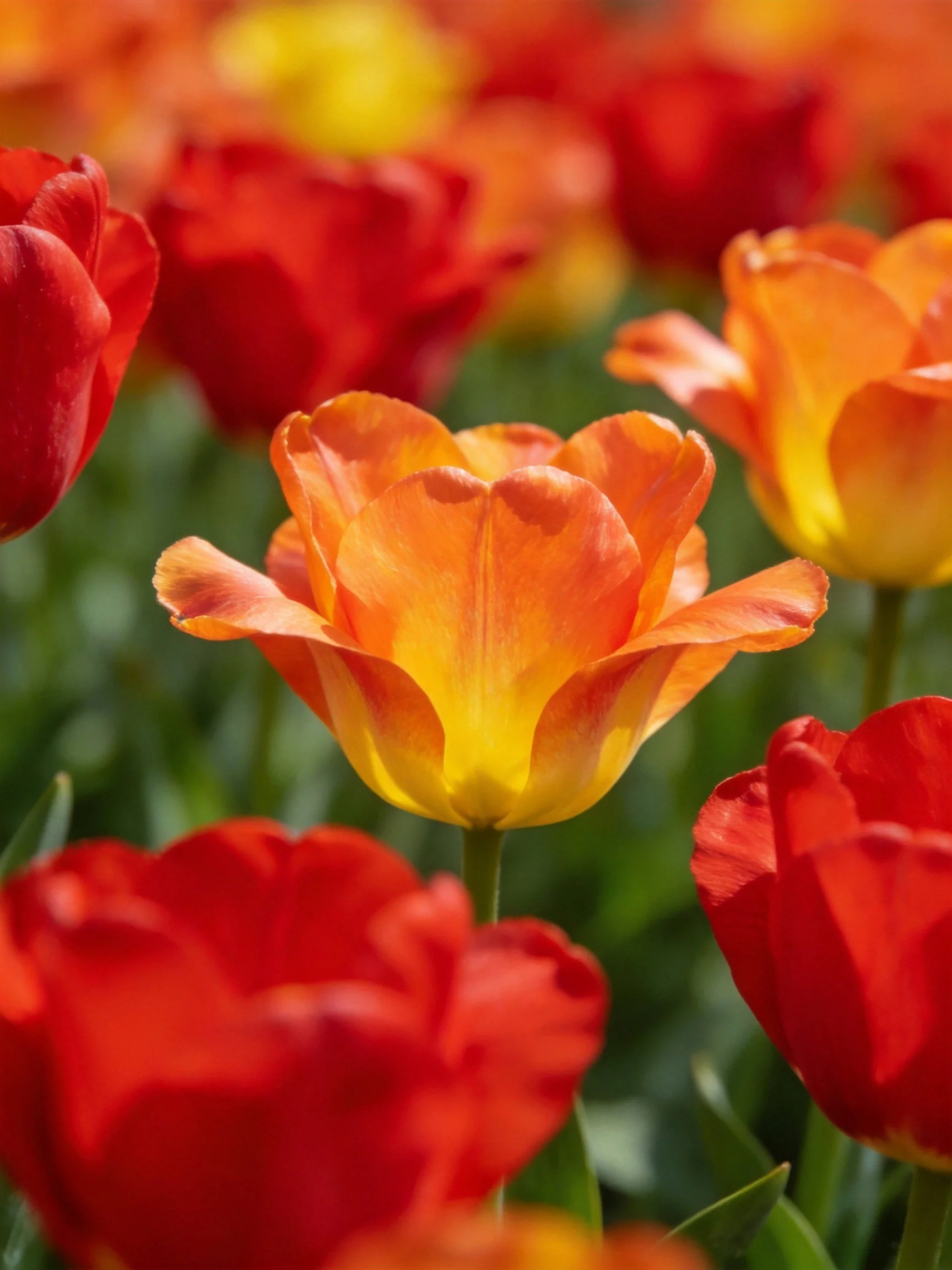 Vibrant Tulip Garden with Central Orange-Yellow Bloom
