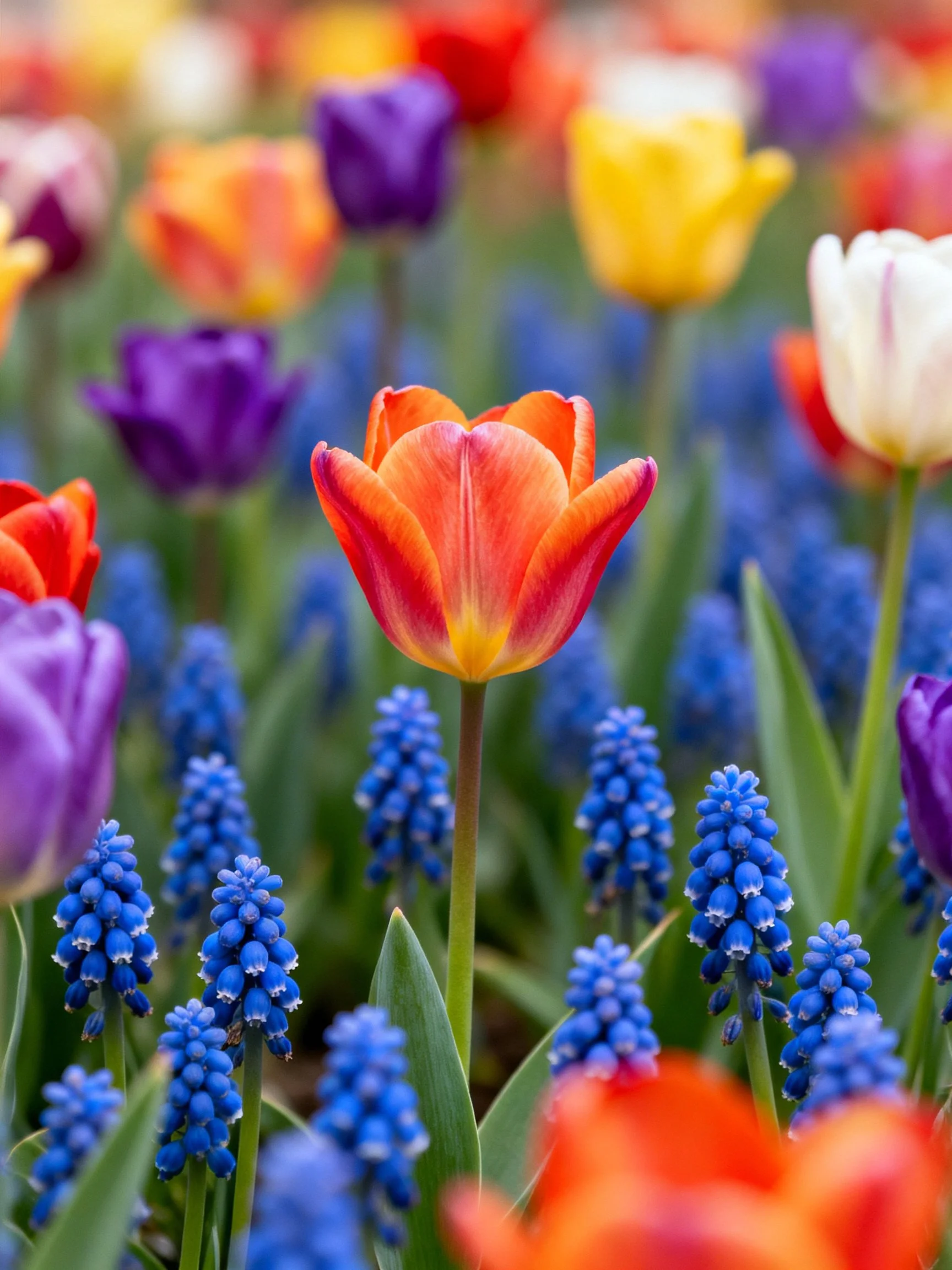 Vibrant Tulip Garden with Multicolored Tulips and Blue Flowers