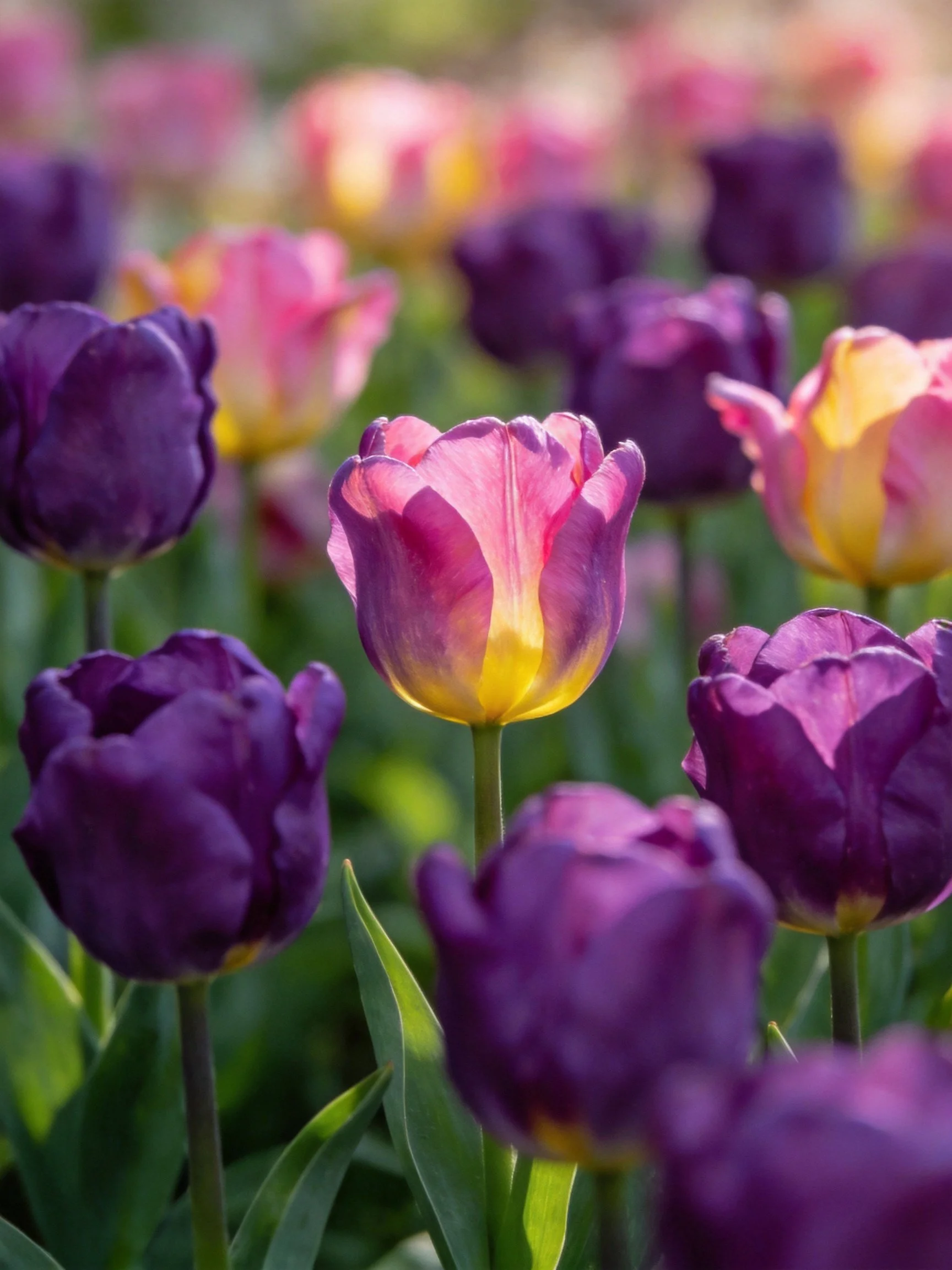 Vibrant Tulip Garden with Purple, Pink, and Yellow Blooms