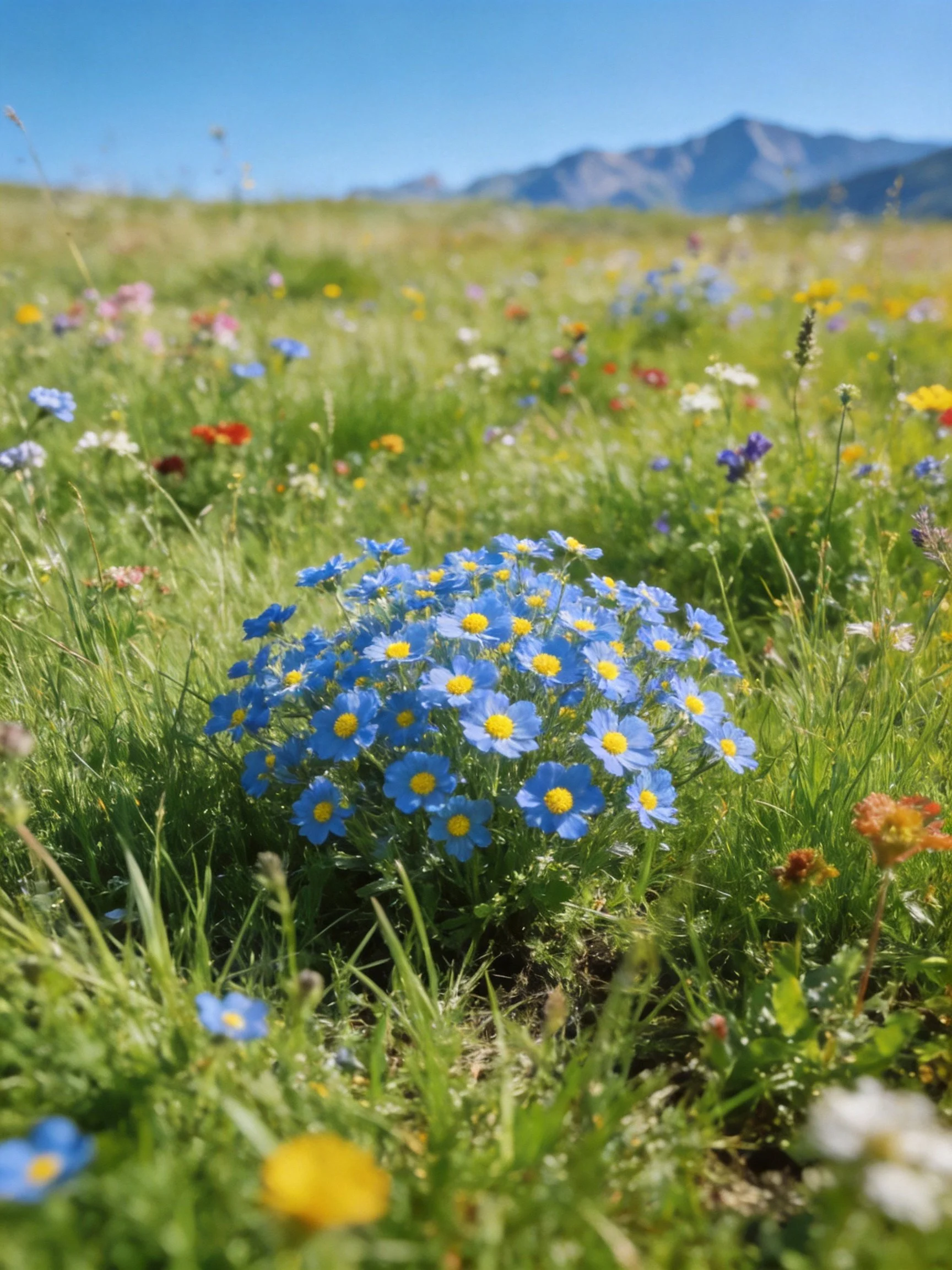Vibrant Wildflower Meadow with Central Blue Blooms and Distant Mountains
