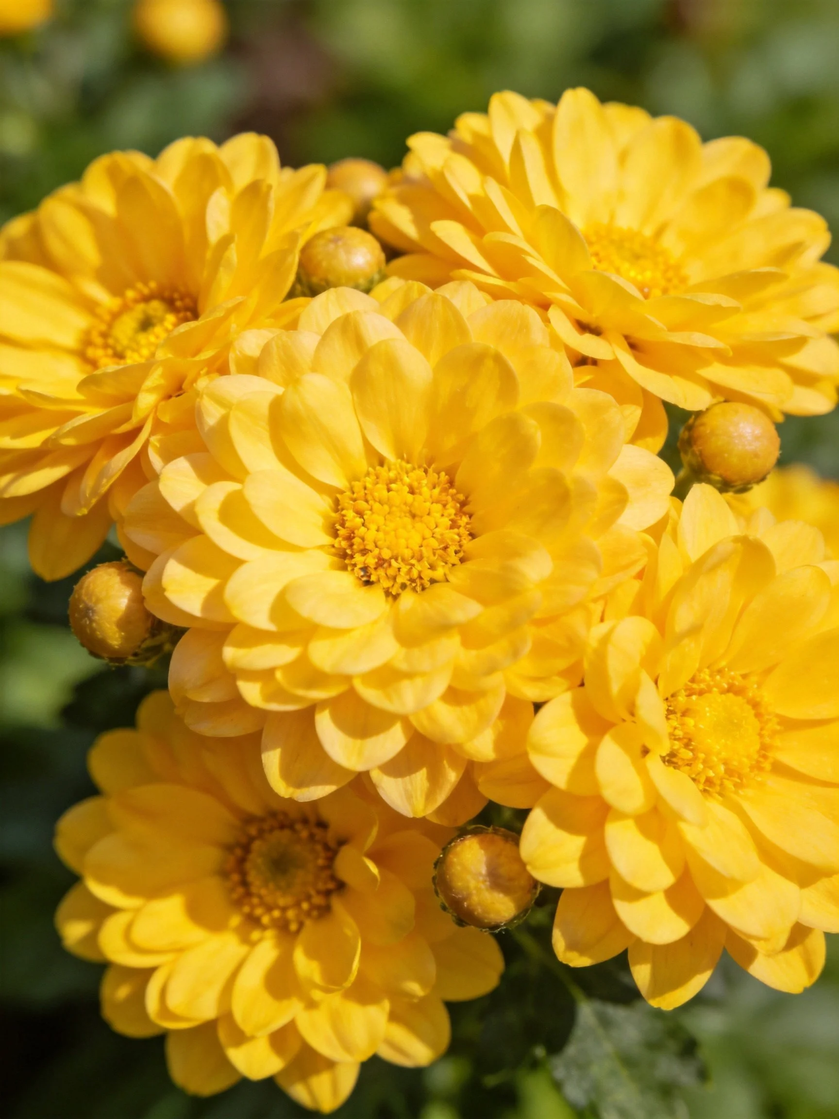 Bright yellow chrysanthemum blooms clustered with unopened buds in a sunlit outdoor space.
