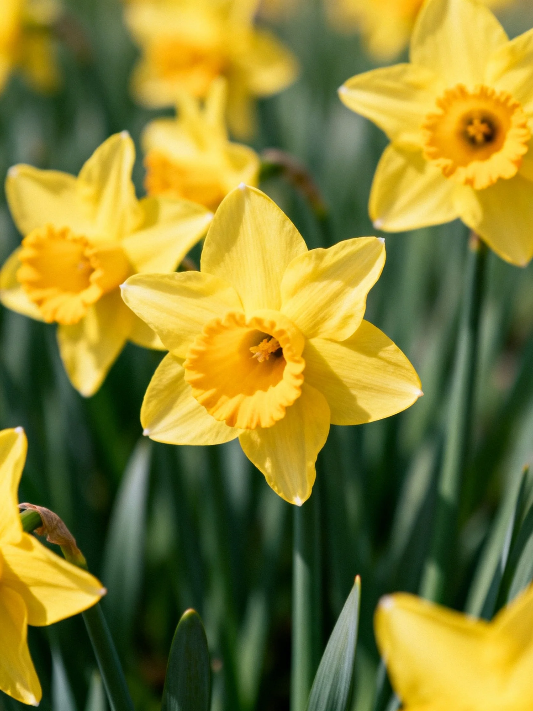 Vibrant Yellow Daffodils Blooming Among Green Foliage