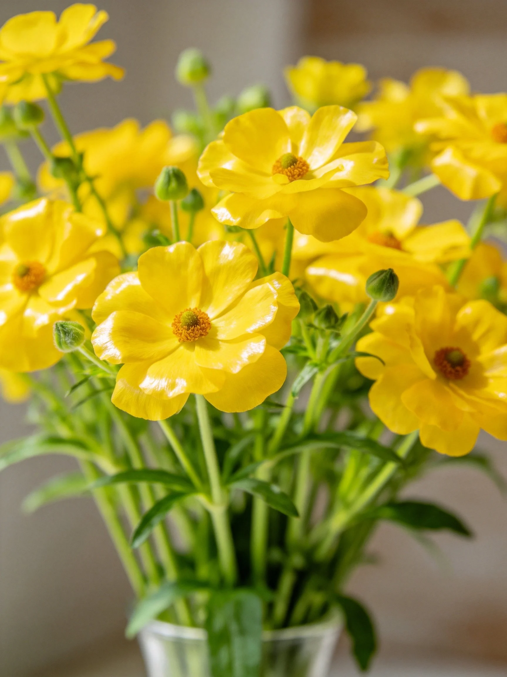Vibrant Yellow Flowers Arranged in a Clear Glass Vase