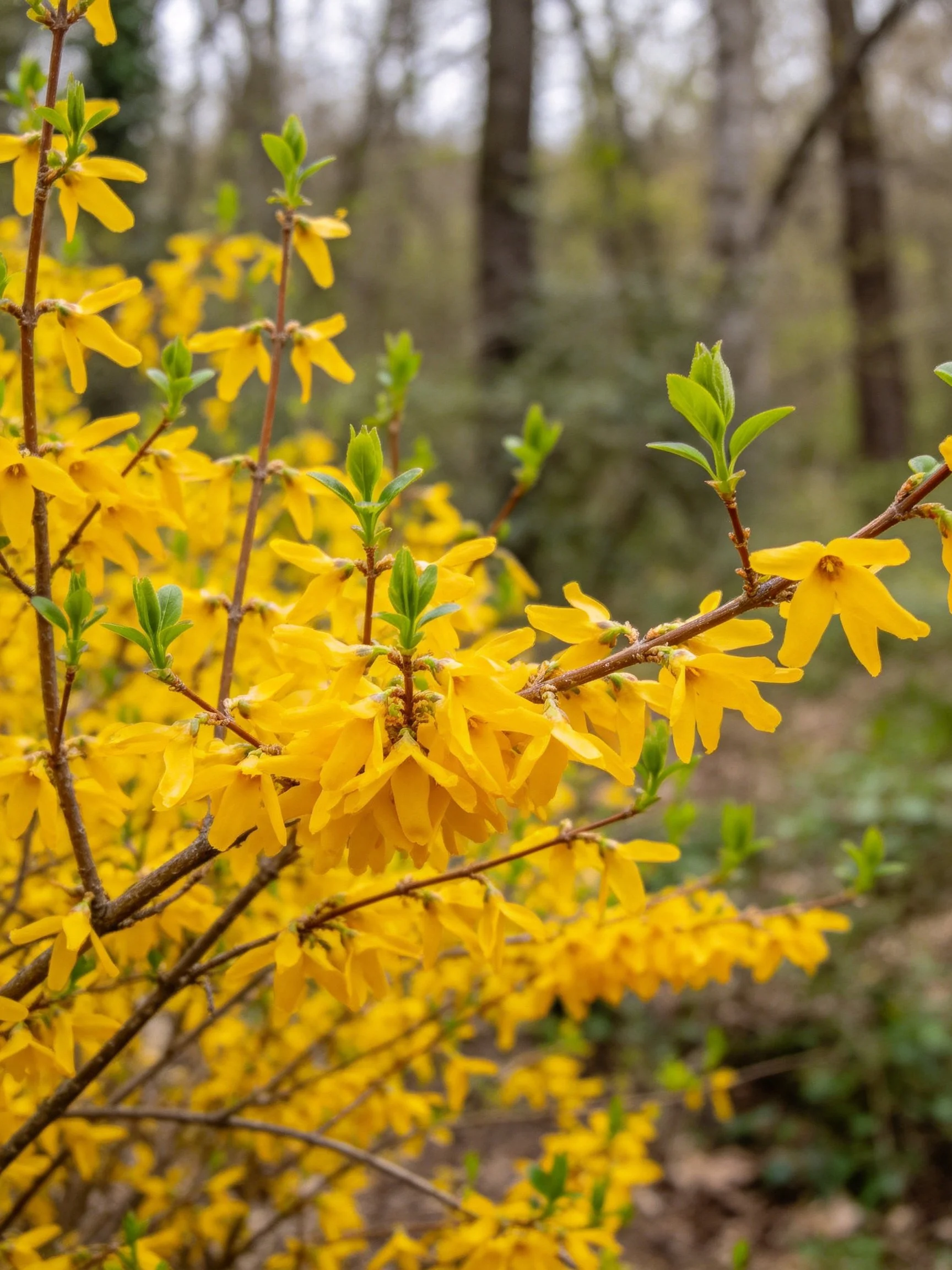 Vibrant Yellow Forsythia Blooms with Green Foliage Among Trees