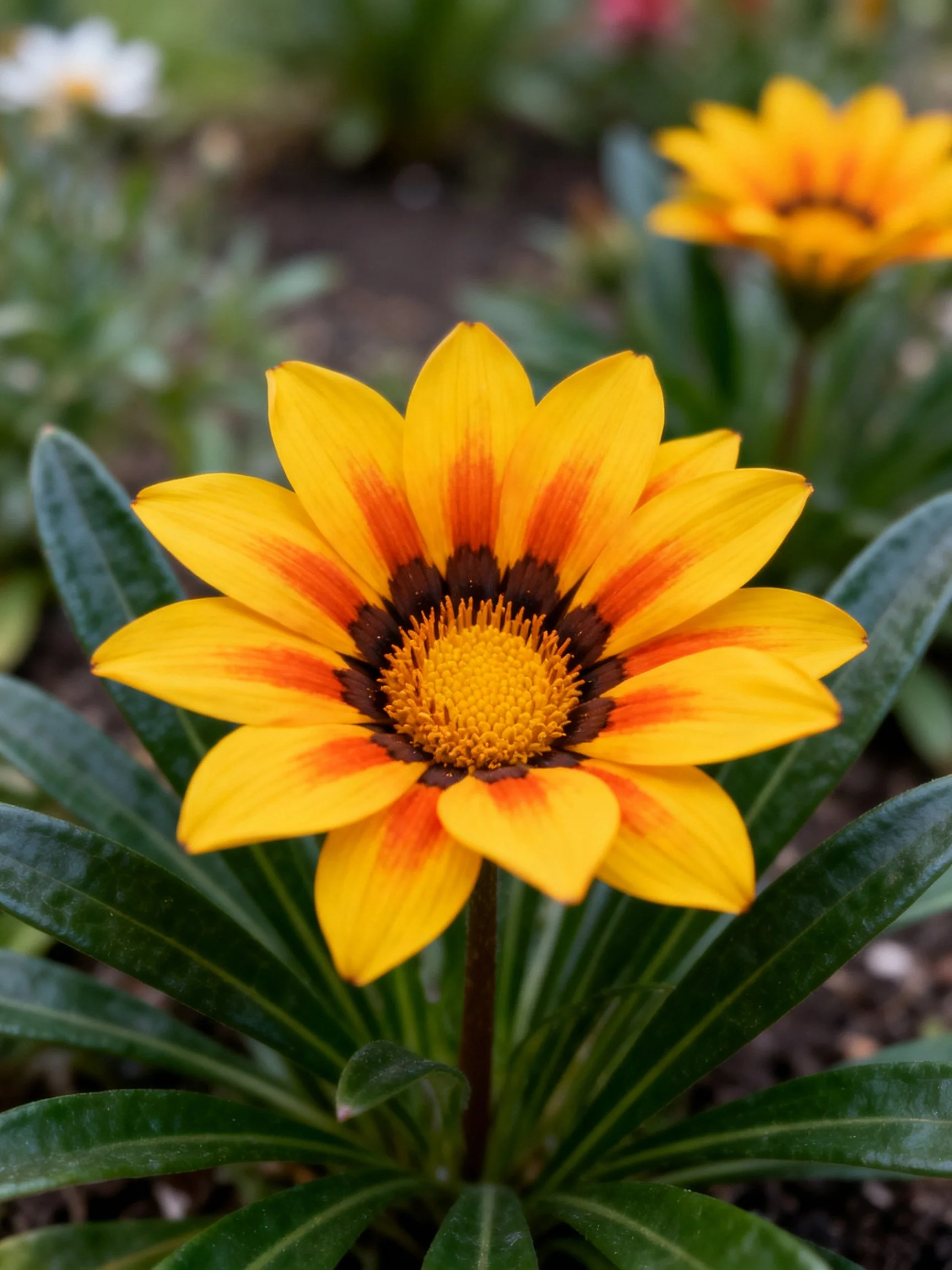 Vibrant Yellow Gazania with Orange-Brown Center Among Green Foliage