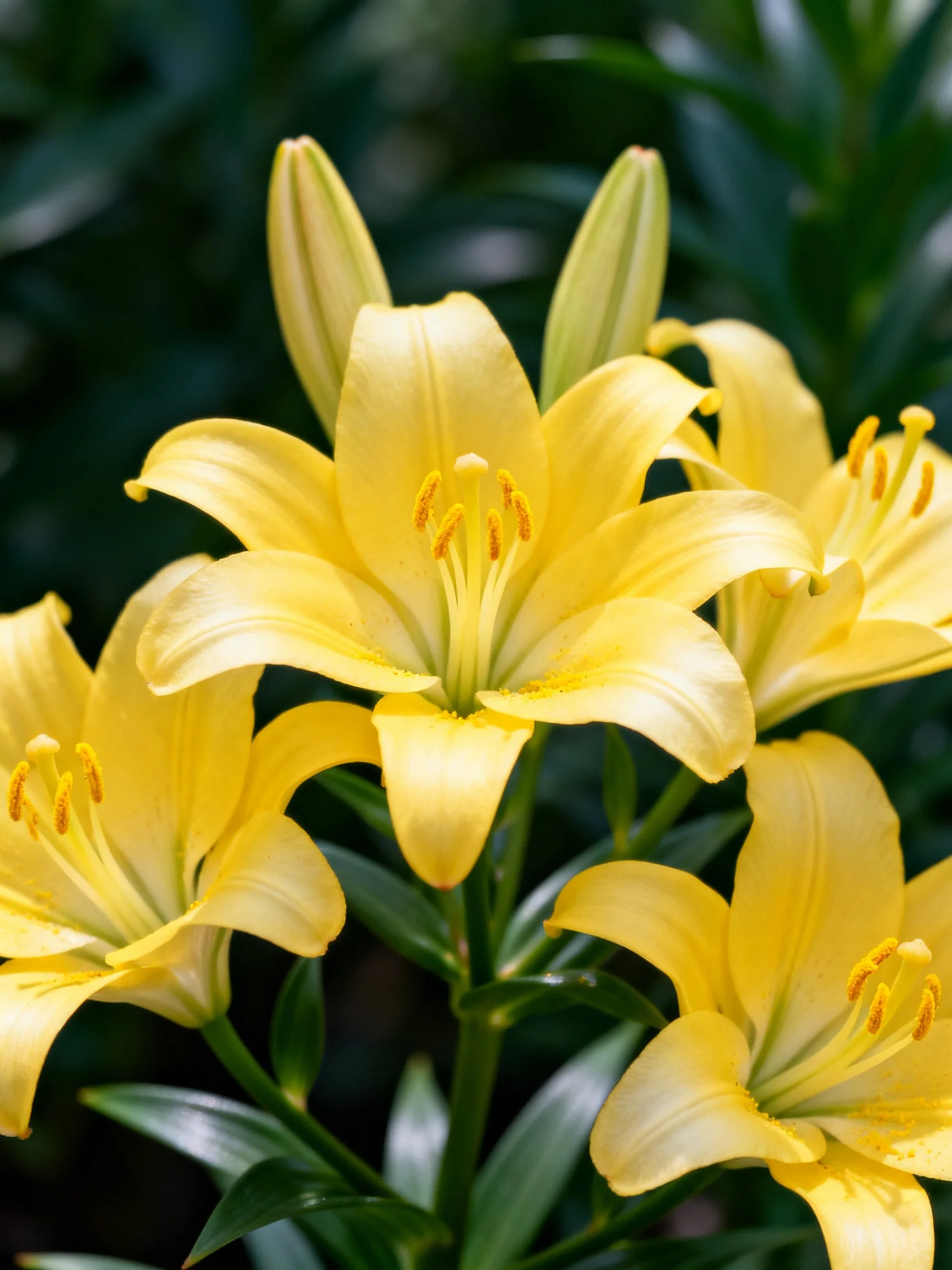 Vibrant Yellow Lilies in Full Bloom with Green Buds
