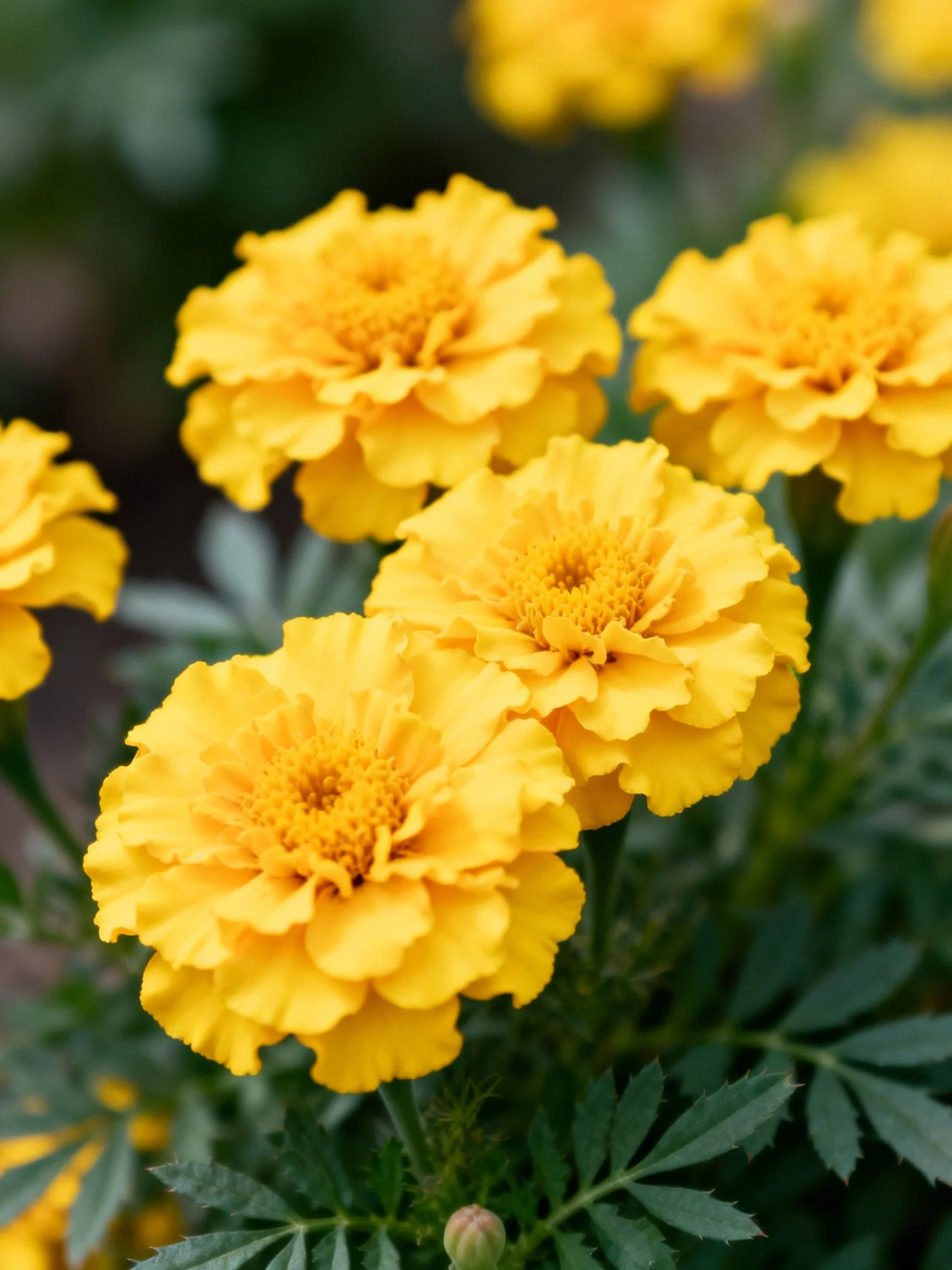 Vibrant Yellow Marigolds with Ruffled Petals and Green Foliage