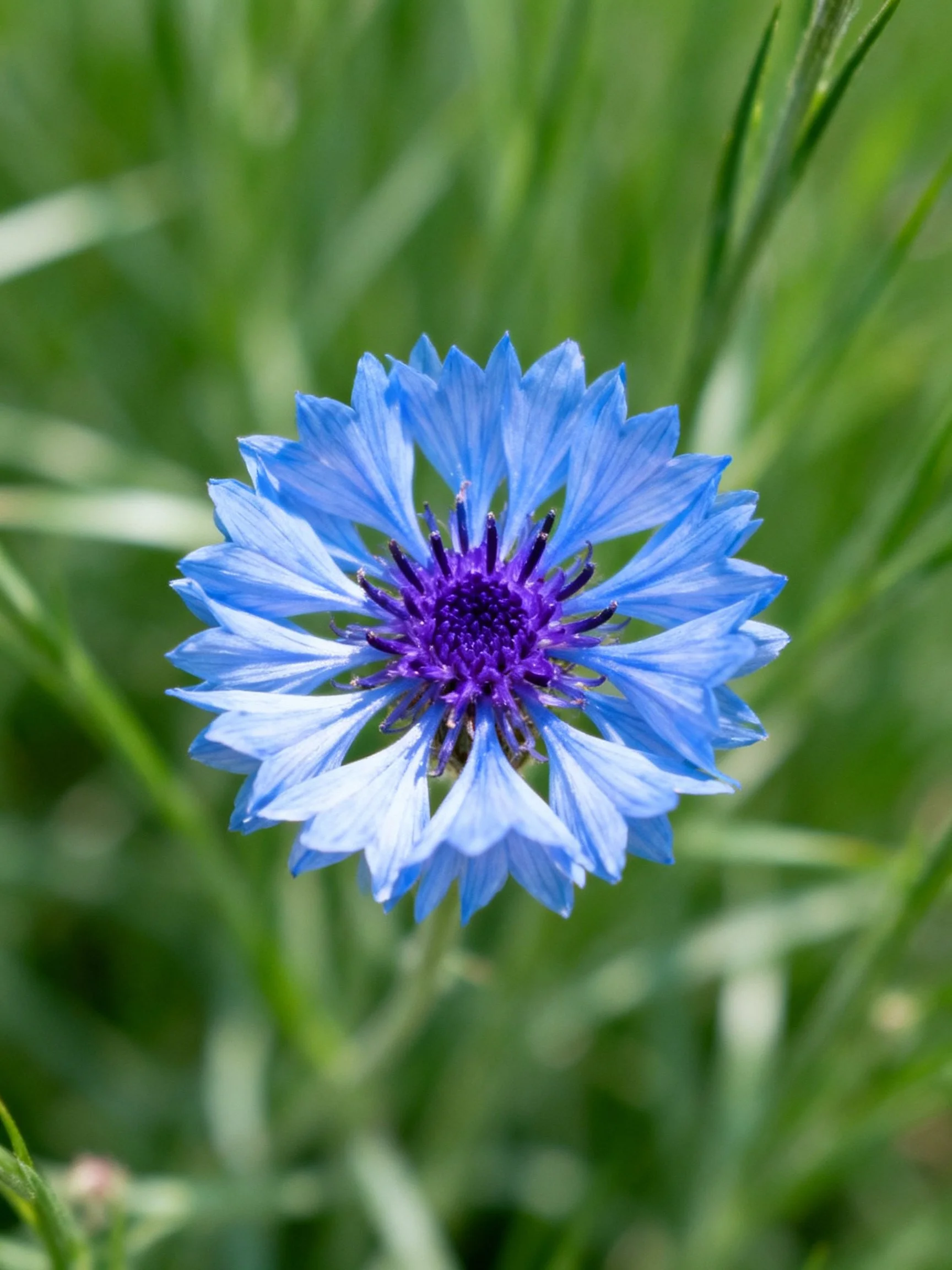 Vibrant blue cornflower with deep purple center amid greenery