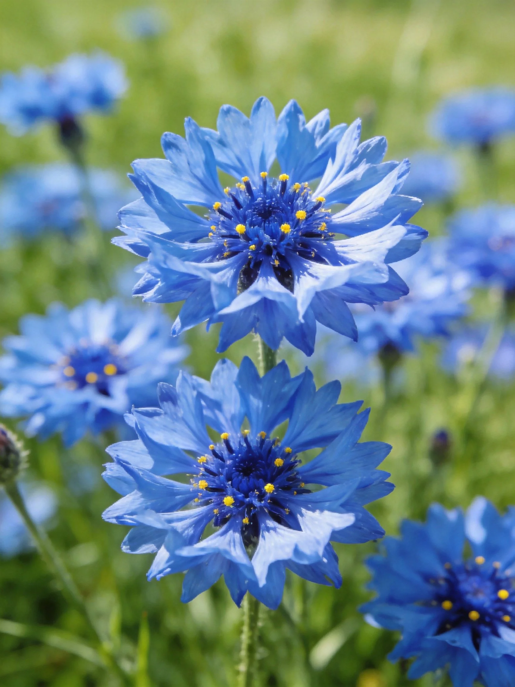 Vibrant blue cornflowers bloom among lush greenery