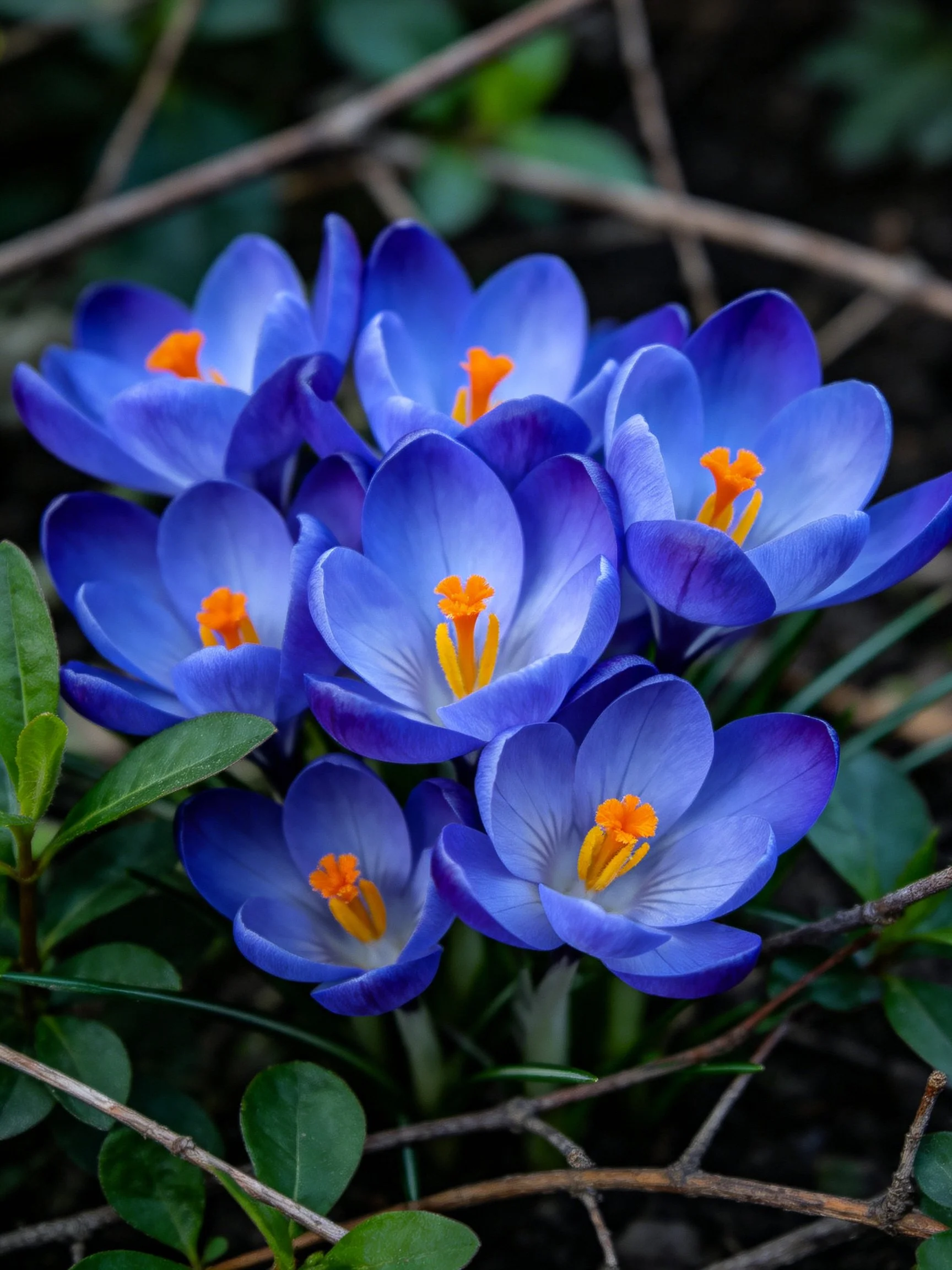 Vibrant blue crocuses cluster amid greenery and twigs